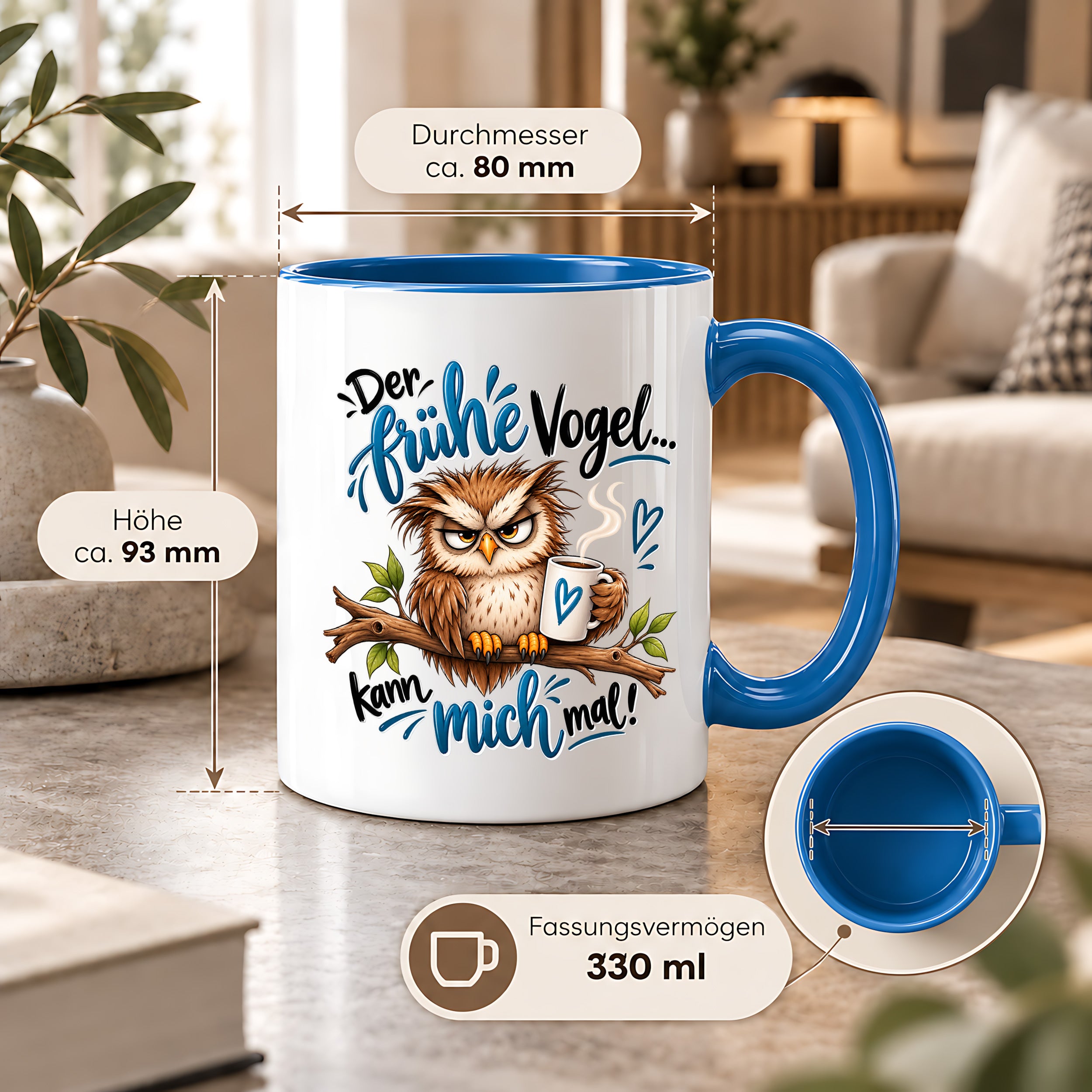 Herzbotschaft Eulen Tasse – Der frühe Vogel kann mich mal – Lustige Kaffeetasse mit mürrischer Eule und Kaffee – Geschenk für Morgenmuffel, Langschläfer, Kaffeeliebhaber, Kollegen und Freunde – 330 ml