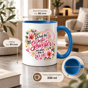 Herzbotschaft Schwester Tasse – Du bist die beste Schwester, wie schön dass es dich gibt – Kaffeetasse 330 ml mit rosa Blumen und Herzen – Geschenk für Schwester zum Geburtstag, Weihnachten, als Dankeschön oder kleine Aufmerksamkeit
