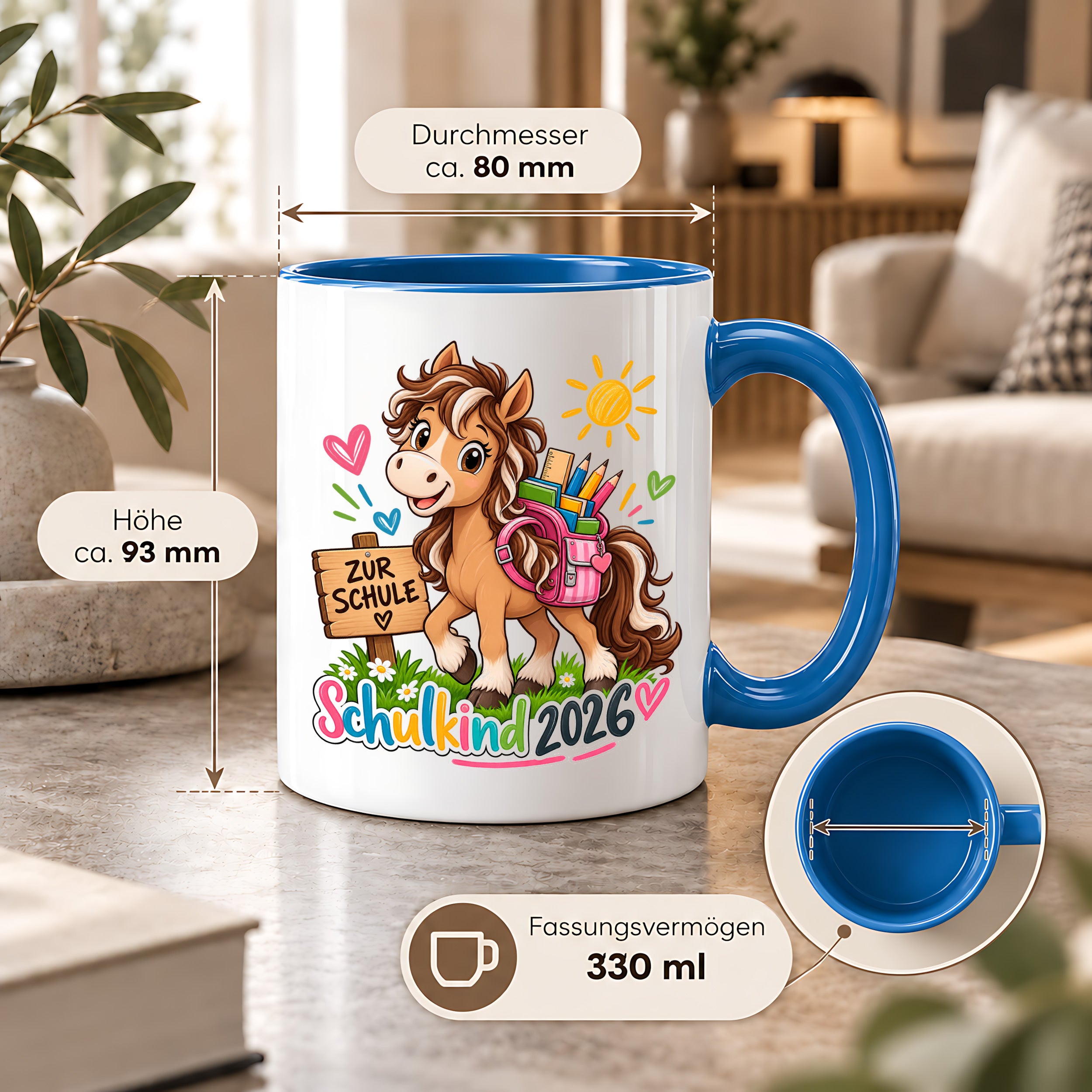Schulkind 2026 Tasse Pferd Einschulung Geschenk 330 ml Keramiktasse für Mädchen Jungen Schulanfang 1. Schultag