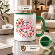 Herzbotschaft Schwester Tasse – Du bist die beste Schwester, wie schön dass es dich gibt – Kaffeetasse 330 ml mit rosa Blumen und Herzen – Geschenk für Schwester zum Geburtstag, Weihnachten, als Dankeschön oder kleine Aufmerksamkeit