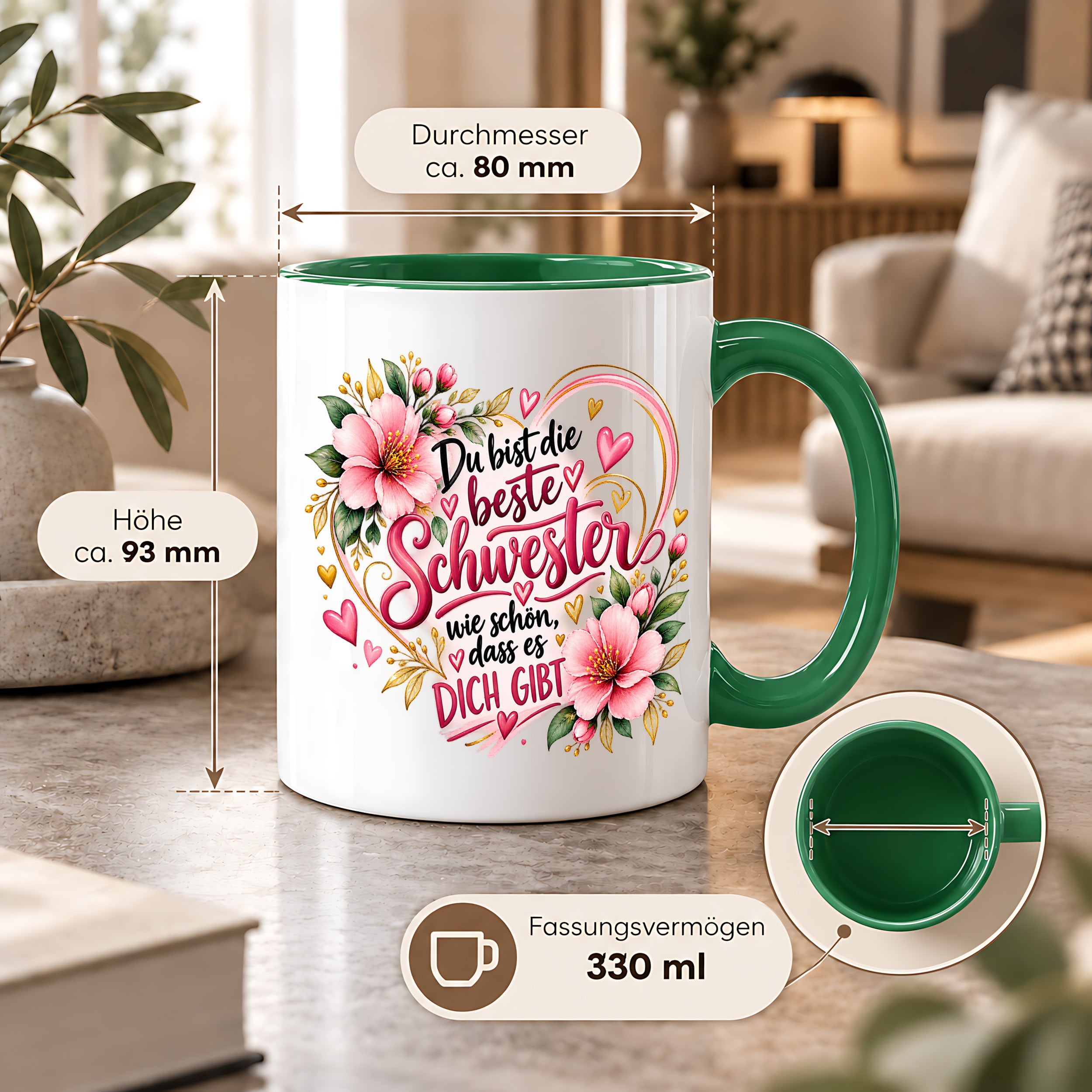 Herzbotschaft Schwester Tasse – Du bist die beste Schwester, wie schön dass es dich gibt – Kaffeetasse 330 ml mit rosa Blumen und Herzen – Geschenk für Schwester zum Geburtstag, Weihnachten, als Dankeschön oder kleine Aufmerksamkeit