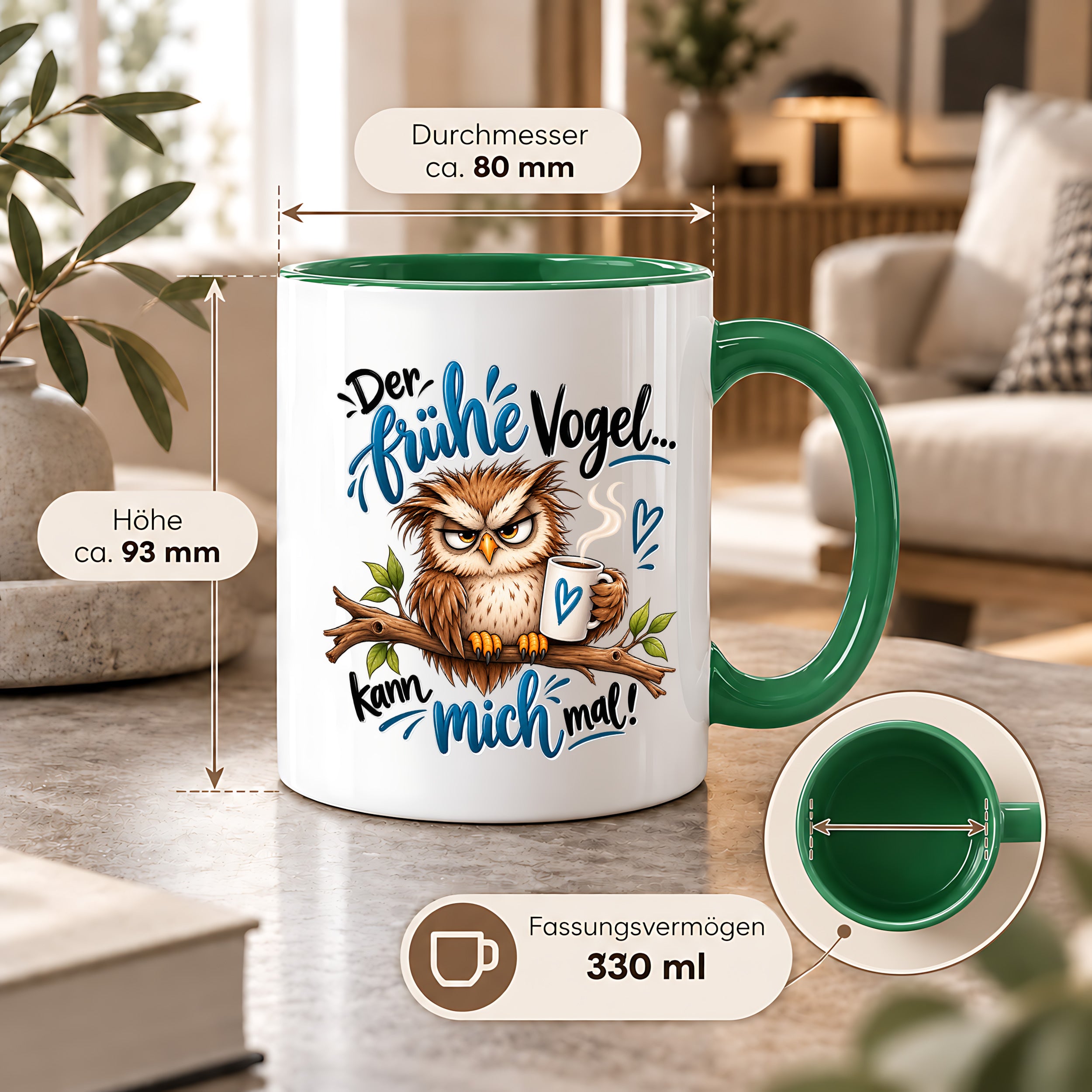 Herzbotschaft Eulen Tasse – Der frühe Vogel kann mich mal – Lustige Kaffeetasse mit mürrischer Eule und Kaffee – Geschenk für Morgenmuffel, Langschläfer, Kaffeeliebhaber, Kollegen und Freunde – 330 ml
