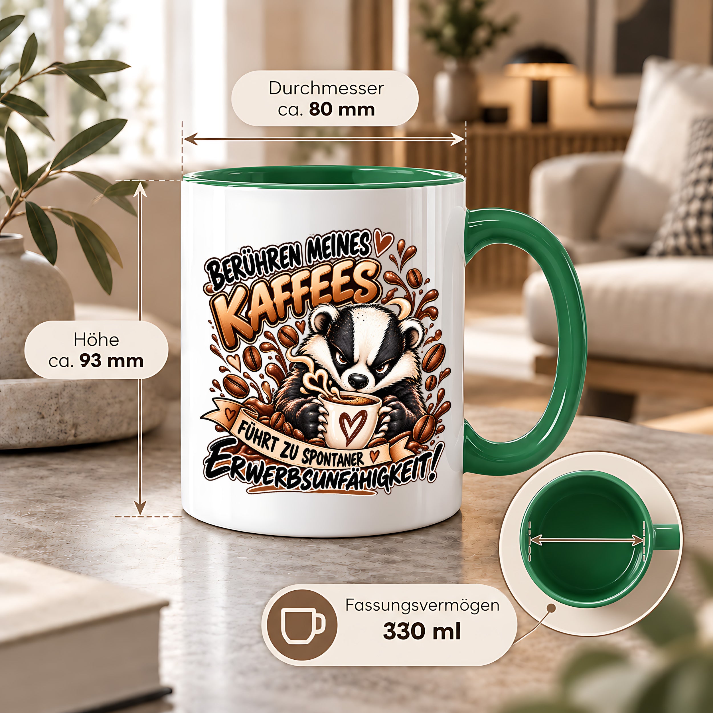 Herzbotschaft Dachs Tasse – Berühren meines Kaffees führt zu spontaner Erwerbsunfähigkeit – Lustige Kaffeetasse mit frechem Dachs Motiv – Geschenk für Kaffeeliebhaber, Kollegen und Büro – 330 ml