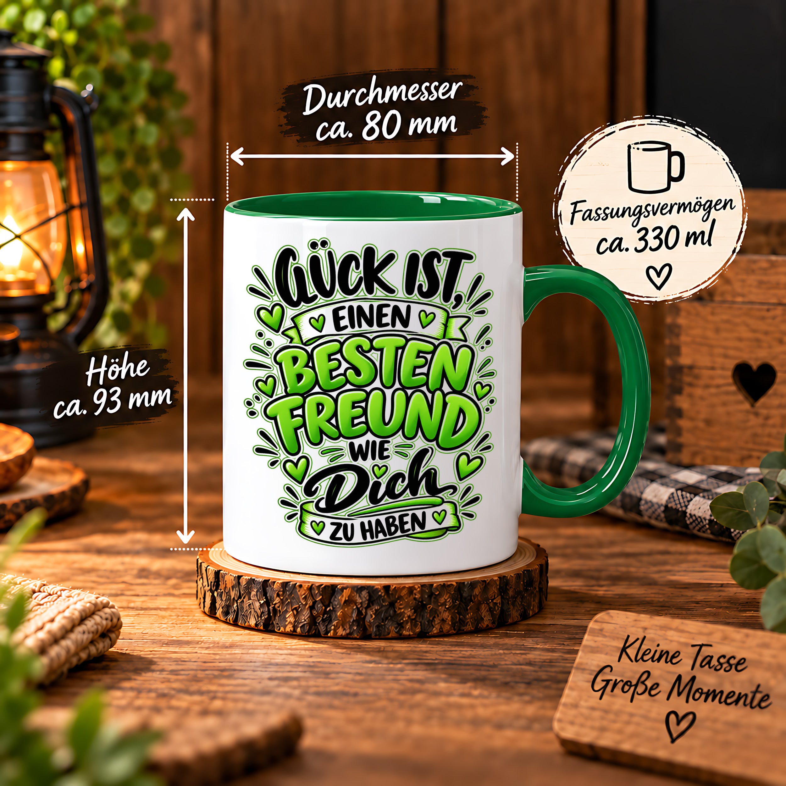 Herzbotschaft Bester Freund Tasse – Glück ist einen besten Freund wie dich zu haben – Kaffeetasse 330 ml mit Freundschaftsspruch und grünem Herz Motiv – Geschenk für besten Freund, Kumpel und Lieblingsmenschen – Freundschaft Geschenkidee