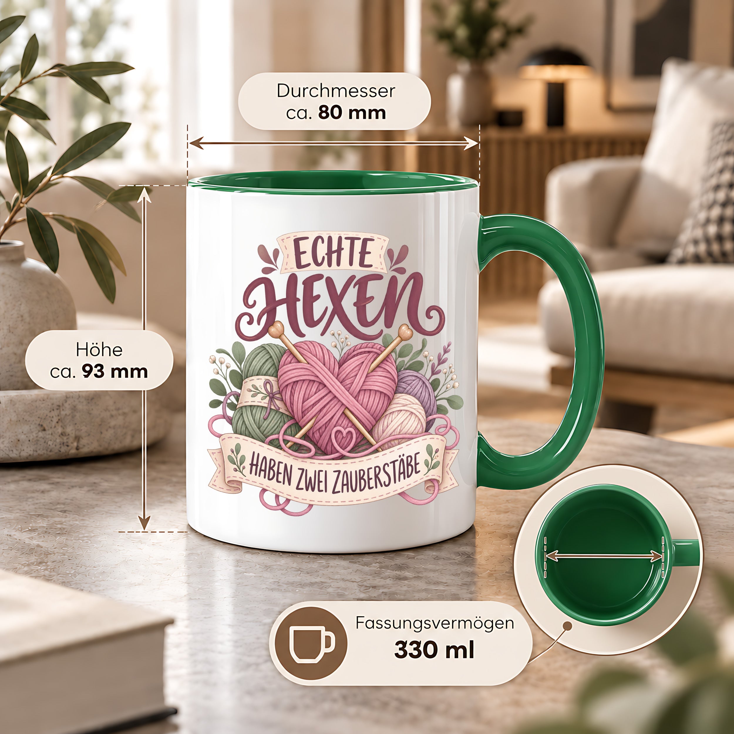 Stricken Tasse Echte Hexen haben zwei Zauberstäbe 330 ml Geschenk für Strickerin Wolle Handarbeit Geburtstag Weihnachten