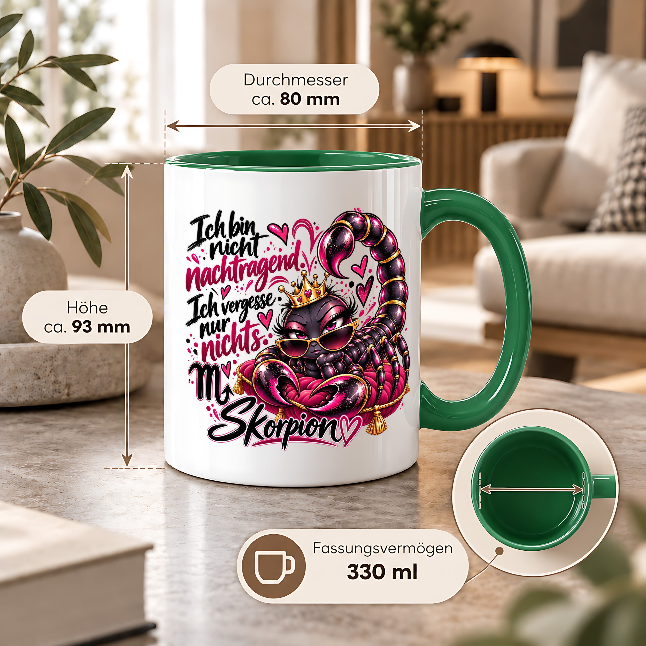 Herzbotschaft Skorpion Tasse – Ich bin nicht nachtragend, ich vergesse nur nichts – Lustige Sternzeichen Tasse mit Skorpion Motiv – Geschenk für Frauen, Freundin und Skorpion Geborene – 330 ml