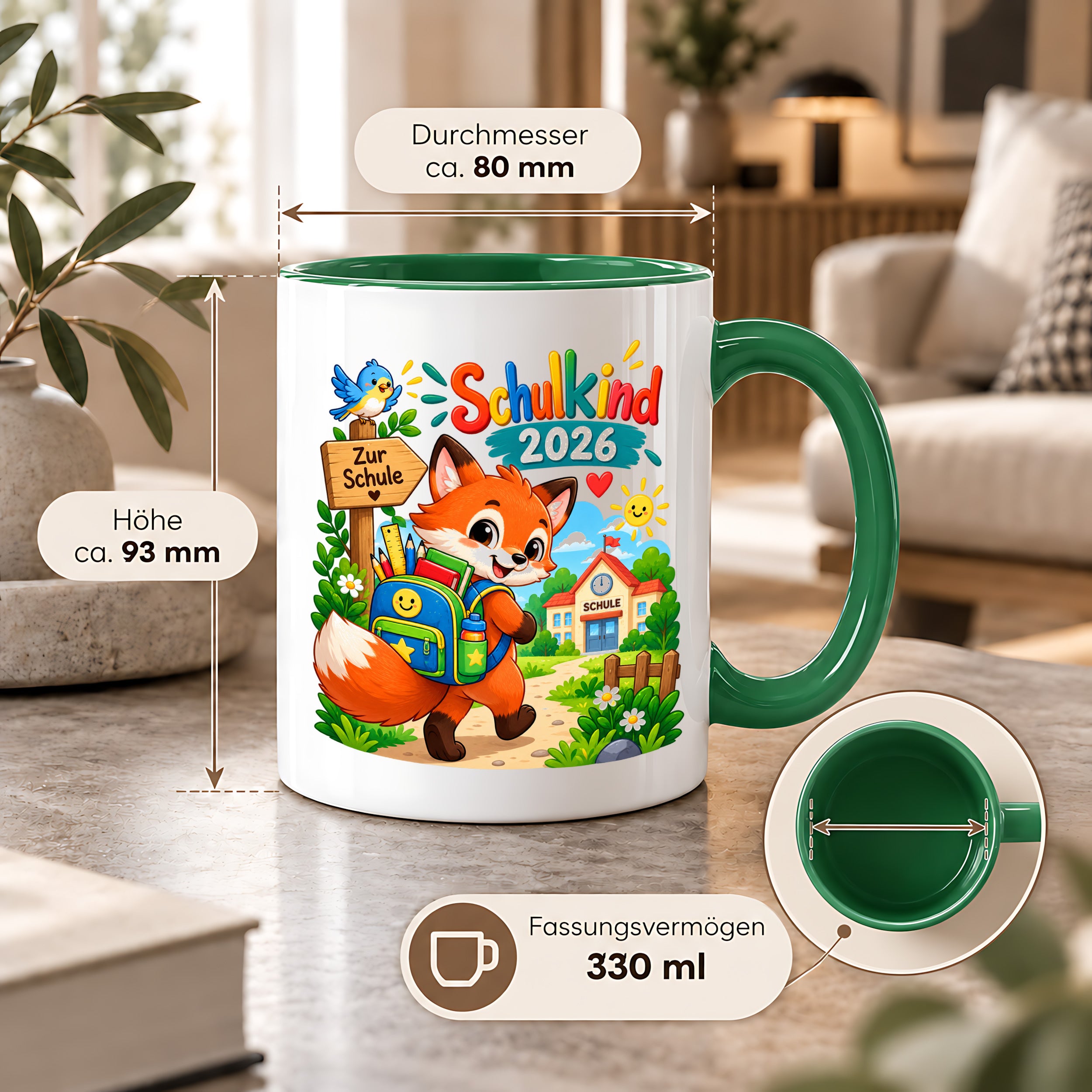 Schulkind 2026 Tasse Fuchs Einschulung Geschenk 330 ml Keramiktasse Schulanfang 1. Schultag Schultüte Mädchen Jungen