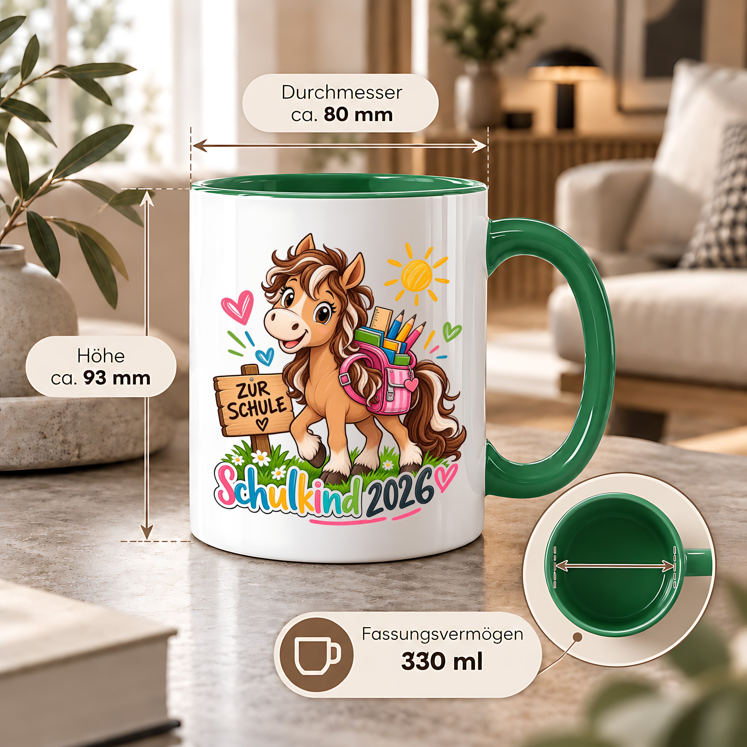 Schulkind 2026 Tasse Pferd Einschulung Geschenk 330 ml Keramiktasse für Mädchen Jungen Schulanfang 1. Schultag