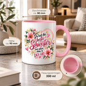 Herzbotschaft Schwester Tasse – Du bist die beste Schwester, wie schön dass es dich gibt – Kaffeetasse 330 ml mit rosa Blumen und Herzen – Geschenk für Schwester zum Geburtstag, Weihnachten, als Dankeschön oder kleine Aufmerksamkeit