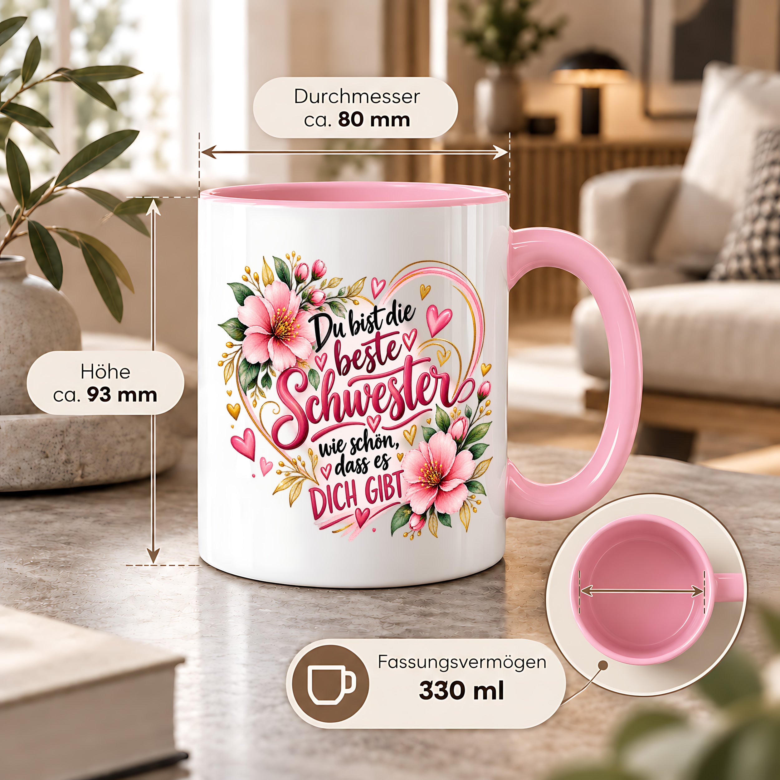 Herzbotschaft Schwester Tasse – Du bist die beste Schwester, wie schön dass es dich gibt – Kaffeetasse 330 ml mit rosa Blumen und Herzen – Geschenk für Schwester zum Geburtstag, Weihnachten, als Dankeschön oder kleine Aufmerksamkeit