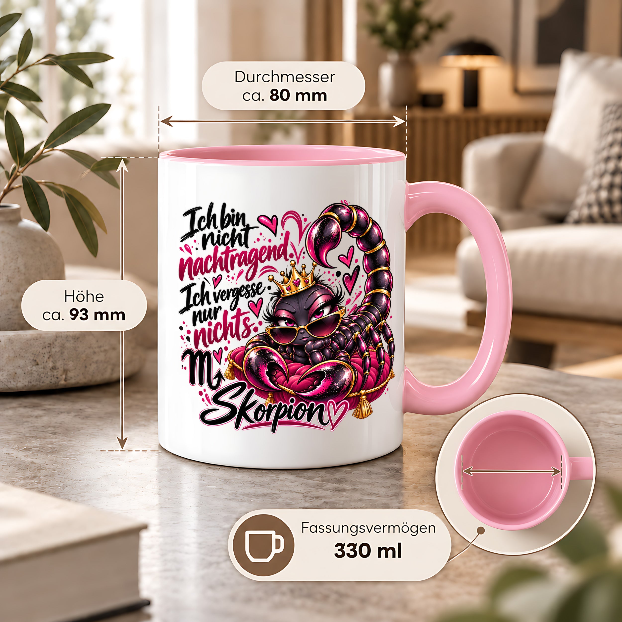 Herzbotschaft Skorpion Tasse – Ich bin nicht nachtragend, ich vergesse nur nichts – Lustige Sternzeichen Tasse mit Skorpion Motiv – Geschenk für Frauen, Freundin und Skorpion Geborene – 330 ml