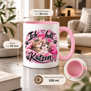Herzbotschaft Katzen Tasse – Ich mag halt Katzen – Süße Kaffeetasse mit zwei Katzenbabys, Herzen und Pfoten – Geschenk für Katzenliebhaber, Katzenmama, Frauen und Freundin – 330 ml