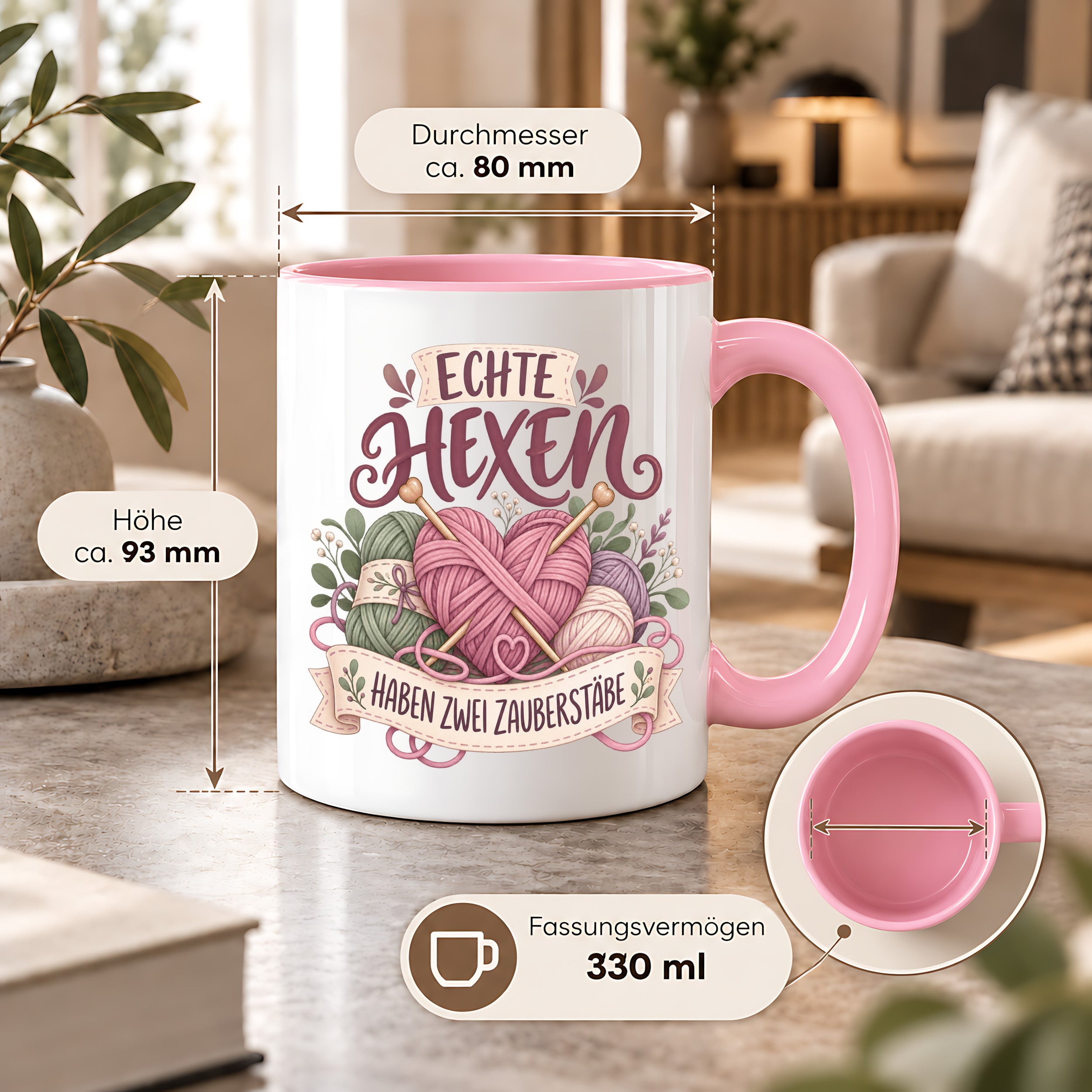 Stricken Tasse Echte Hexen haben zwei Zauberstäbe 330 ml Geschenk für Strickerin Wolle Handarbeit Geburtstag Weihnachten