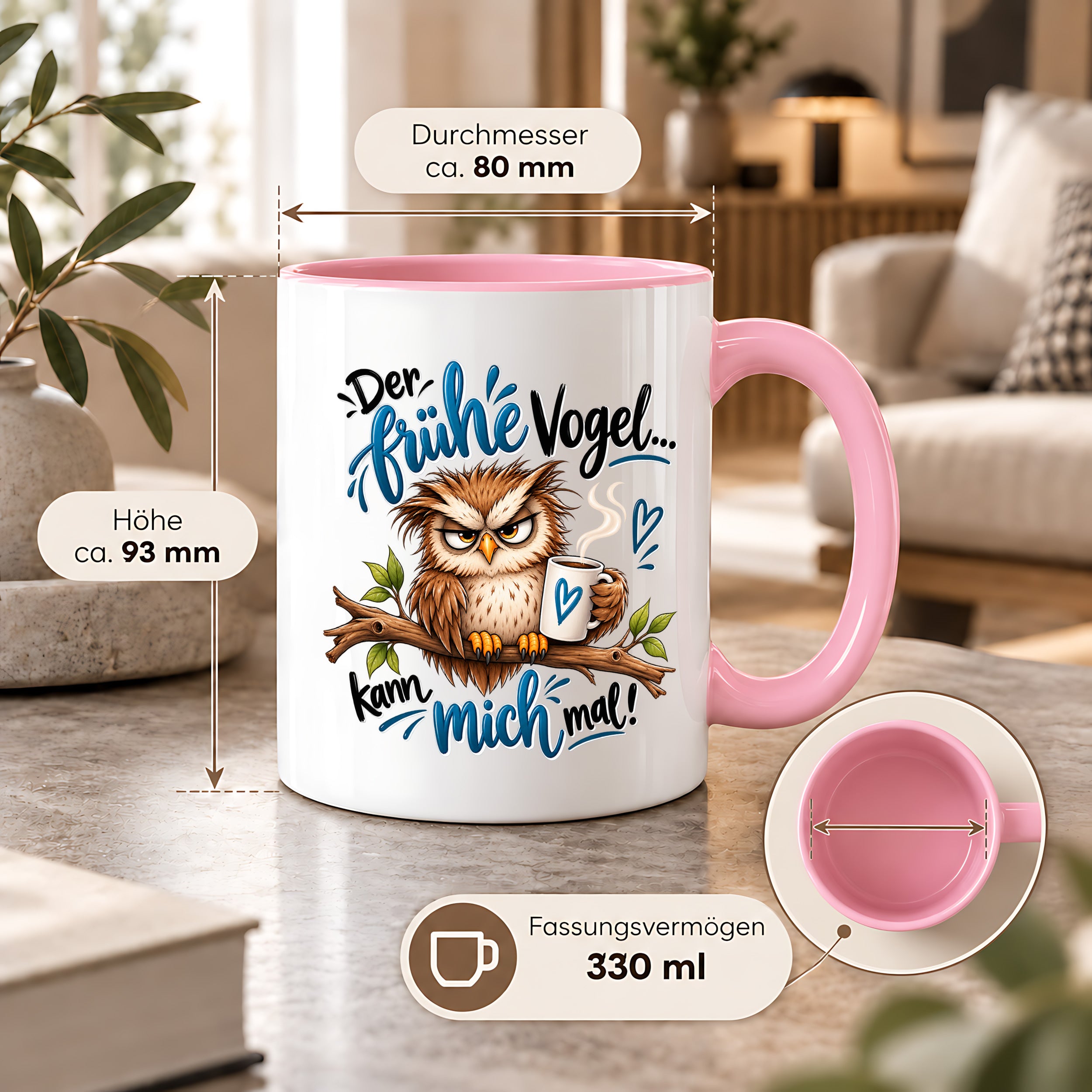 Herzbotschaft Eulen Tasse – Der frühe Vogel kann mich mal – Lustige Kaffeetasse mit mürrischer Eule und Kaffee – Geschenk für Morgenmuffel, Langschläfer, Kaffeeliebhaber, Kollegen und Freunde – 330 ml
