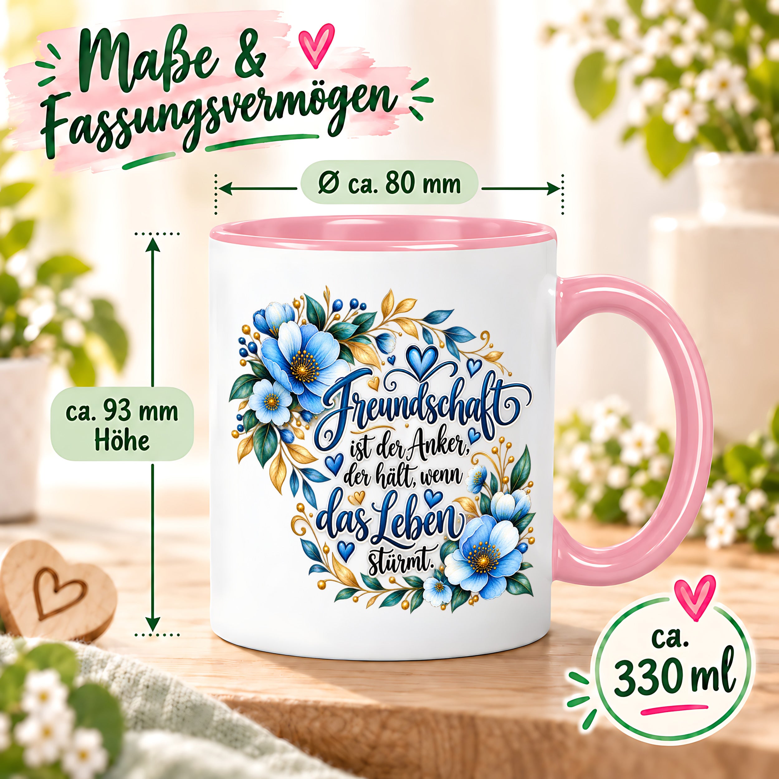 Herzbotschaft Freundschaft Tasse – Freundschaft ist der Anker, der hält, wenn das Leben stürmt – Kaffeetasse mit blauen Blumen und Herzen – Geschenk für beste Freundin, Freund, BFF und Lieblingsmensch – 330 ml