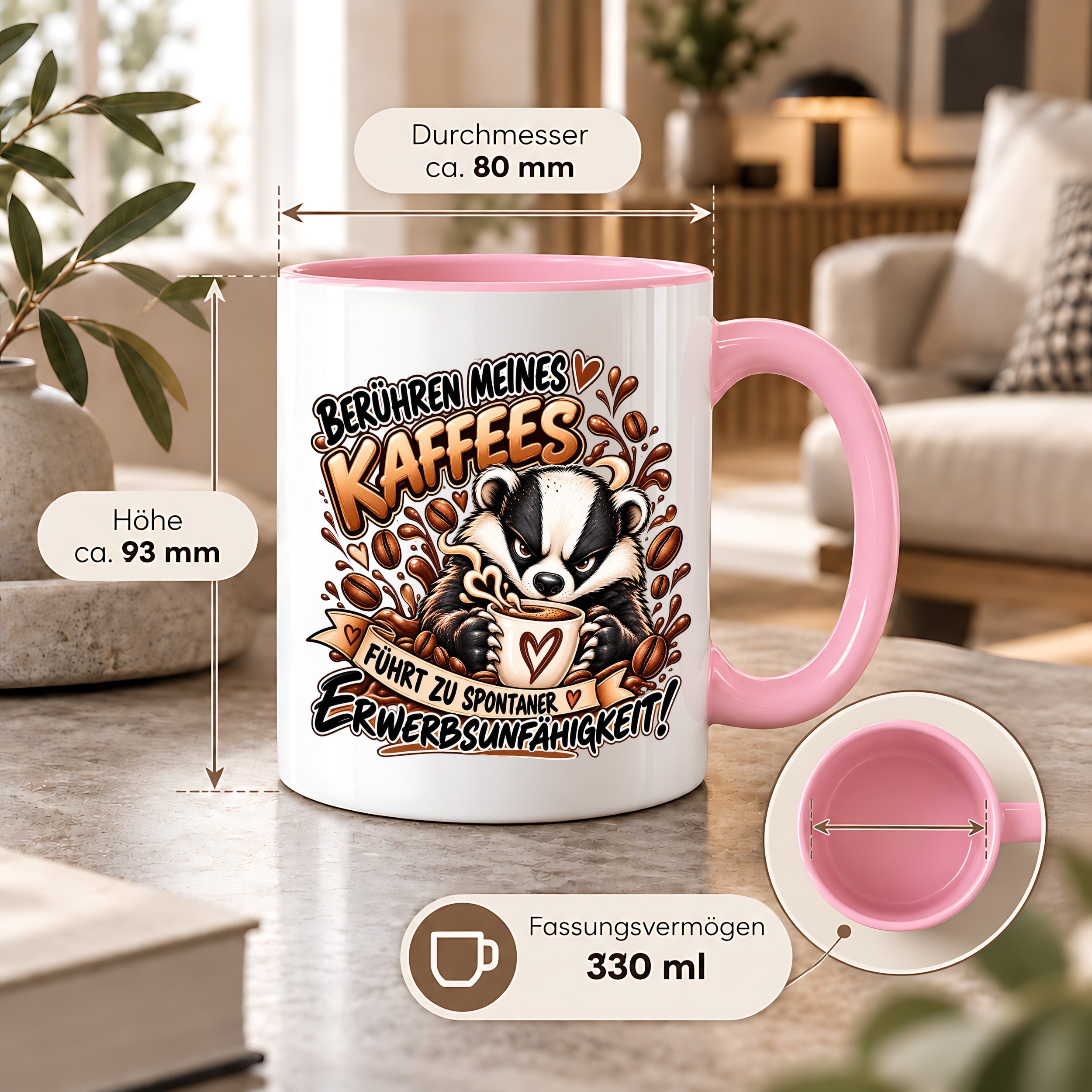 Herzbotschaft Dachs Tasse – Berühren meines Kaffees führt zu spontaner Erwerbsunfähigkeit – Lustige Kaffeetasse mit frechem Dachs Motiv – Geschenk für Kaffeeliebhaber, Kollegen und Büro – 330 ml