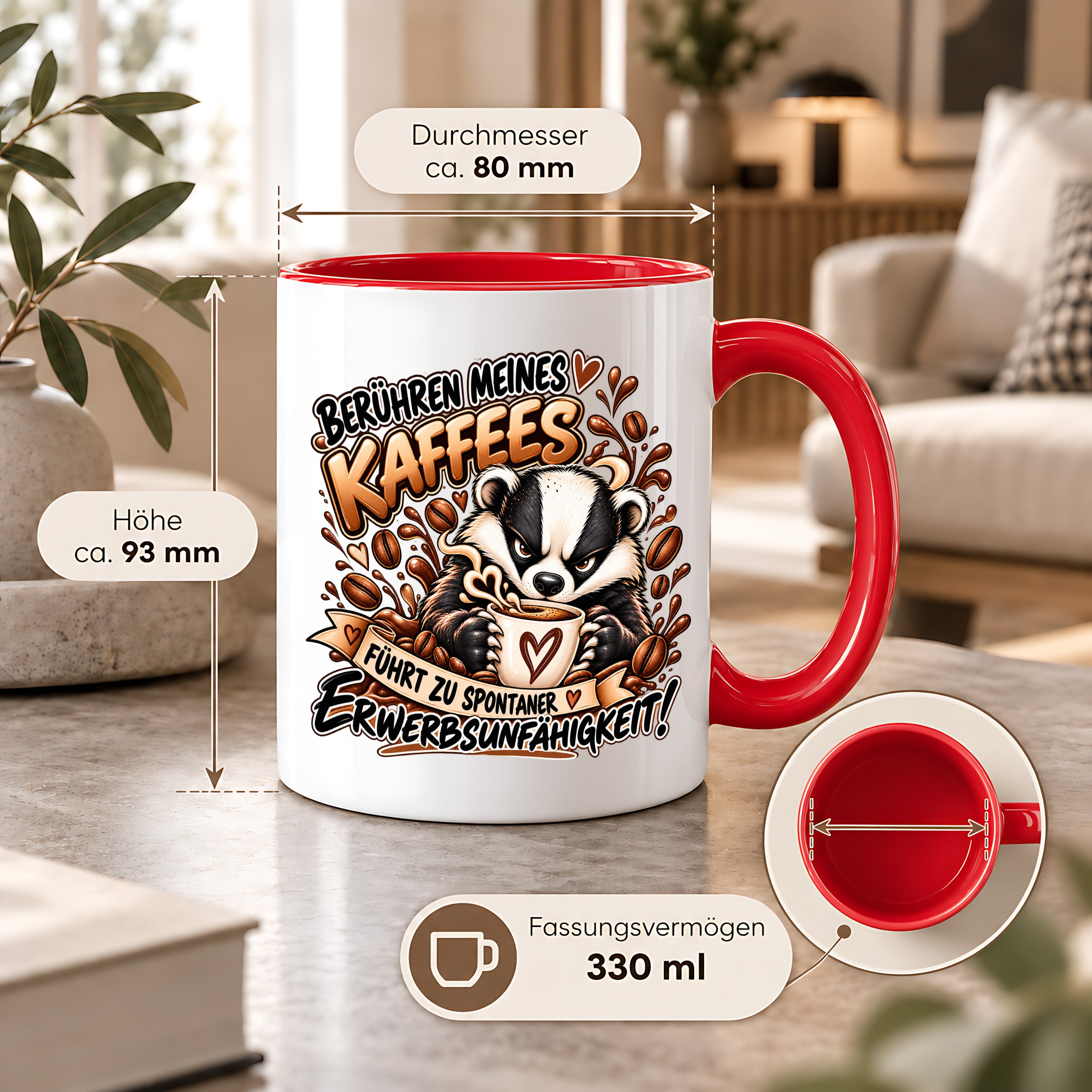 Herzbotschaft Dachs Tasse – Berühren meines Kaffees führt zu spontaner Erwerbsunfähigkeit – Lustige Kaffeetasse mit frechem Dachs Motiv – Geschenk für Kaffeeliebhaber, Kollegen und Büro – 330 ml