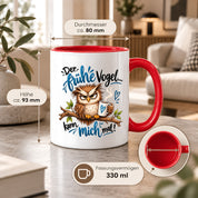 Herzbotschaft Eulen Tasse – Der frühe Vogel kann mich mal – Lustige Kaffeetasse mit mürrischer Eule und Kaffee – Geschenk für Morgenmuffel, Langschläfer, Kaffeeliebhaber, Kollegen und Freunde – 330 ml