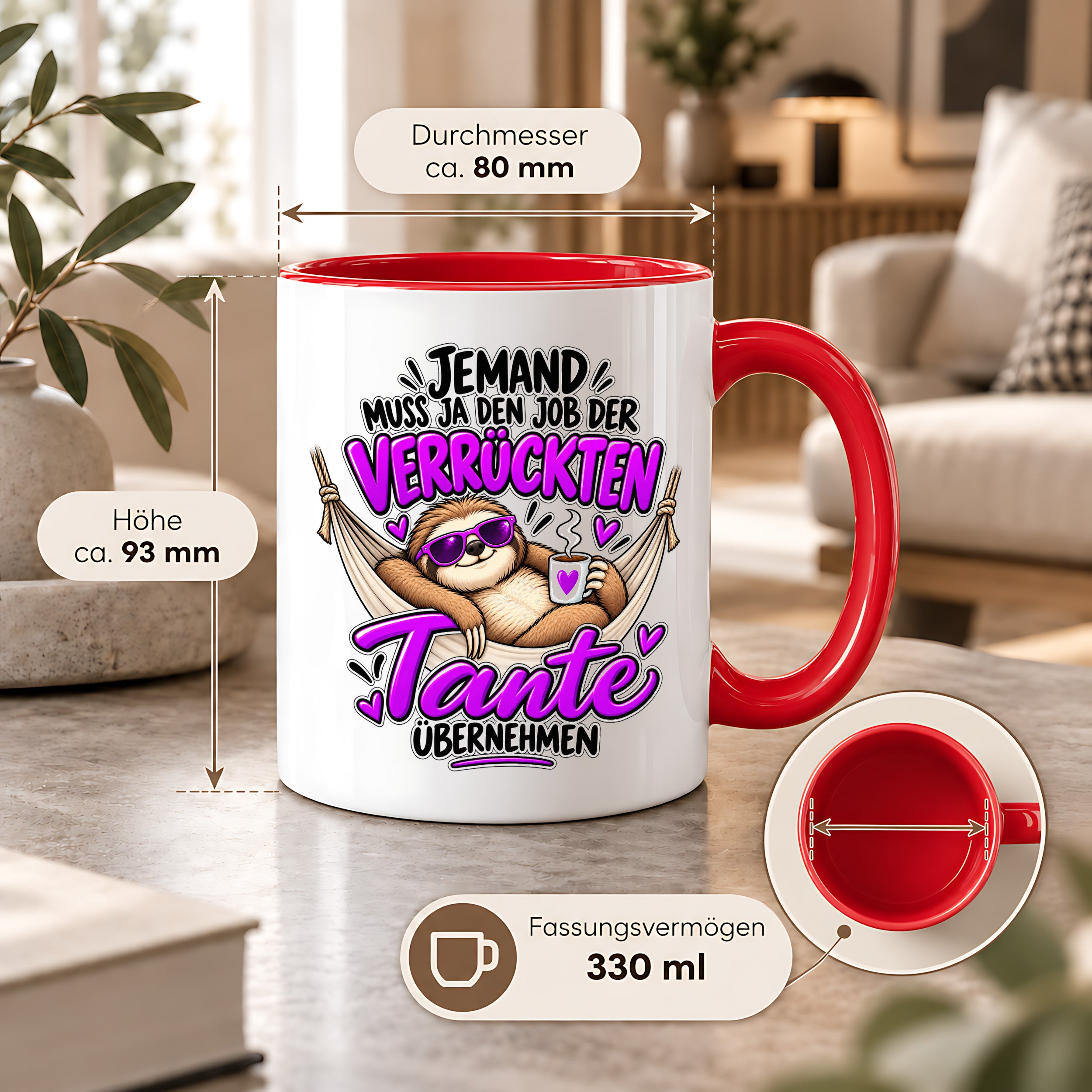 Herzbotschaft Verrückte Tante Tasse – Jemand muss ja den Job der verrückten Tante übernehmen – Lustige Kaffeetasse 330 ml mit Faultier Motiv – Geschenk für Tante, Lieblingstante, Schwester und Schwägerin – Originelle Spruchtasse mit Humor