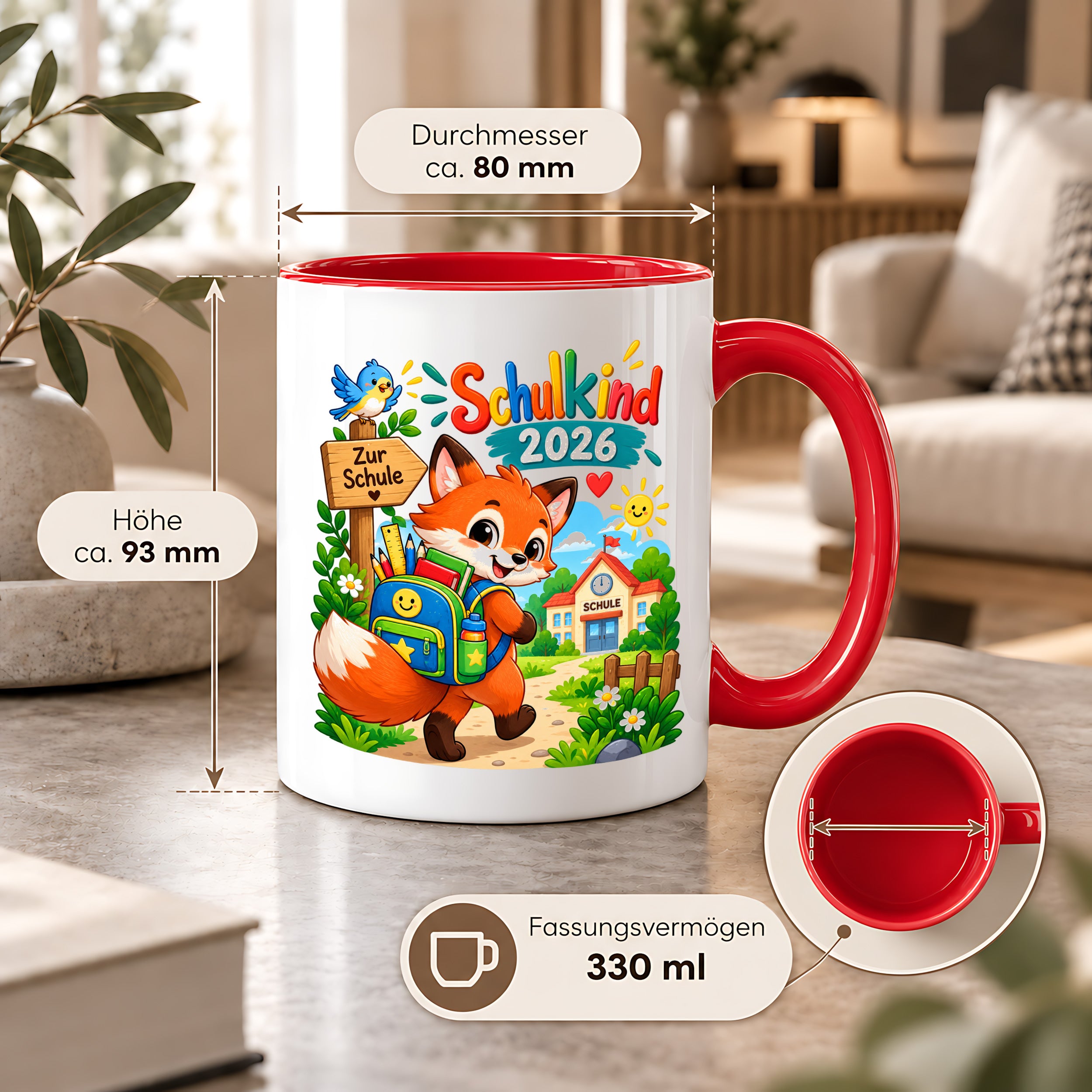 Schulkind 2026 Tasse Fuchs Einschulung Geschenk 330 ml Keramiktasse Schulanfang 1. Schultag Schultüte Mädchen Jungen