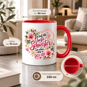 Herzbotschaft Schwester Tasse – Du bist die beste Schwester, wie schön dass es dich gibt – Kaffeetasse 330 ml mit rosa Blumen und Herzen – Geschenk für Schwester zum Geburtstag, Weihnachten, als Dankeschön oder kleine Aufmerksamkeit