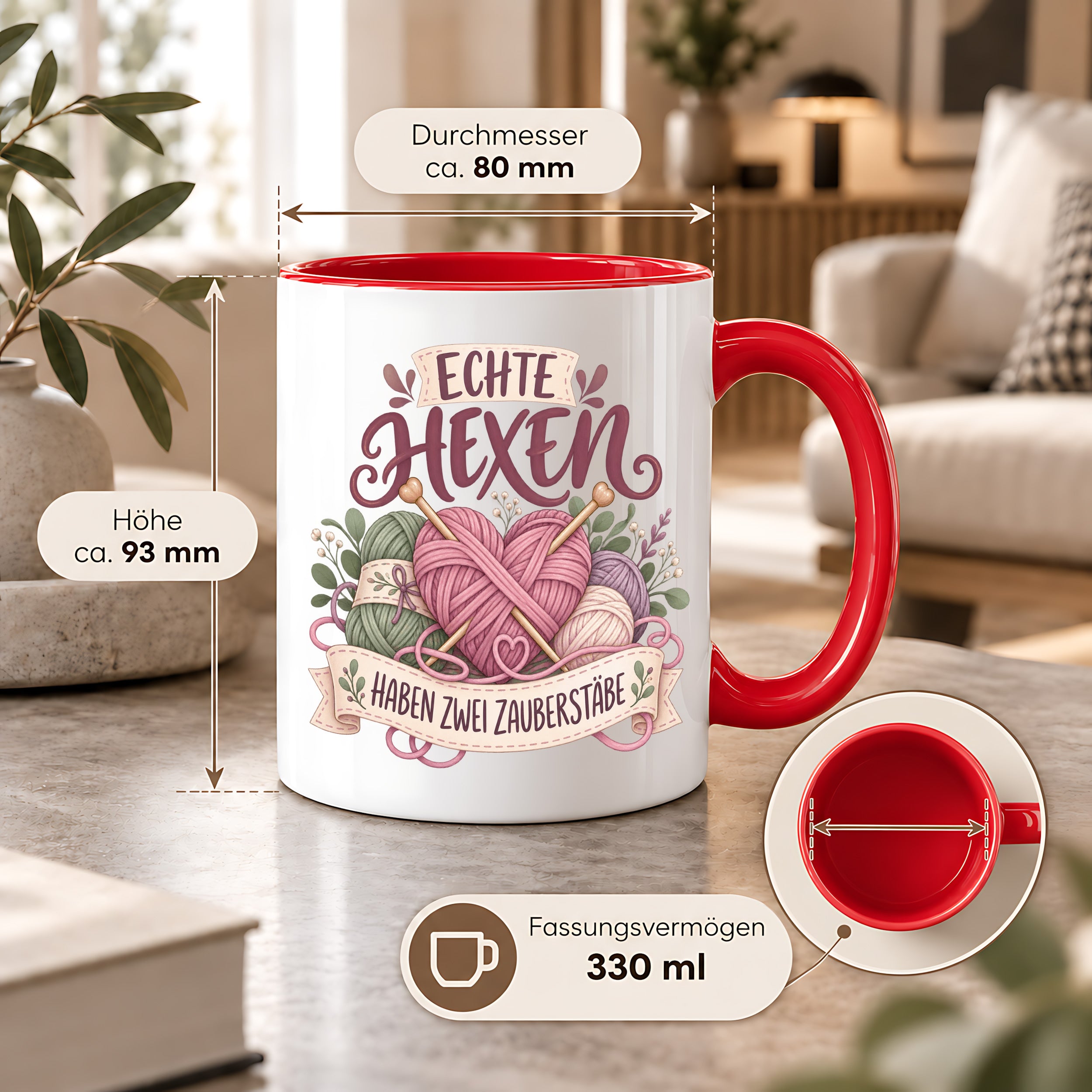 Stricken Tasse Echte Hexen haben zwei Zauberstäbe 330 ml Geschenk für Strickerin Wolle Handarbeit Geburtstag Weihnachten