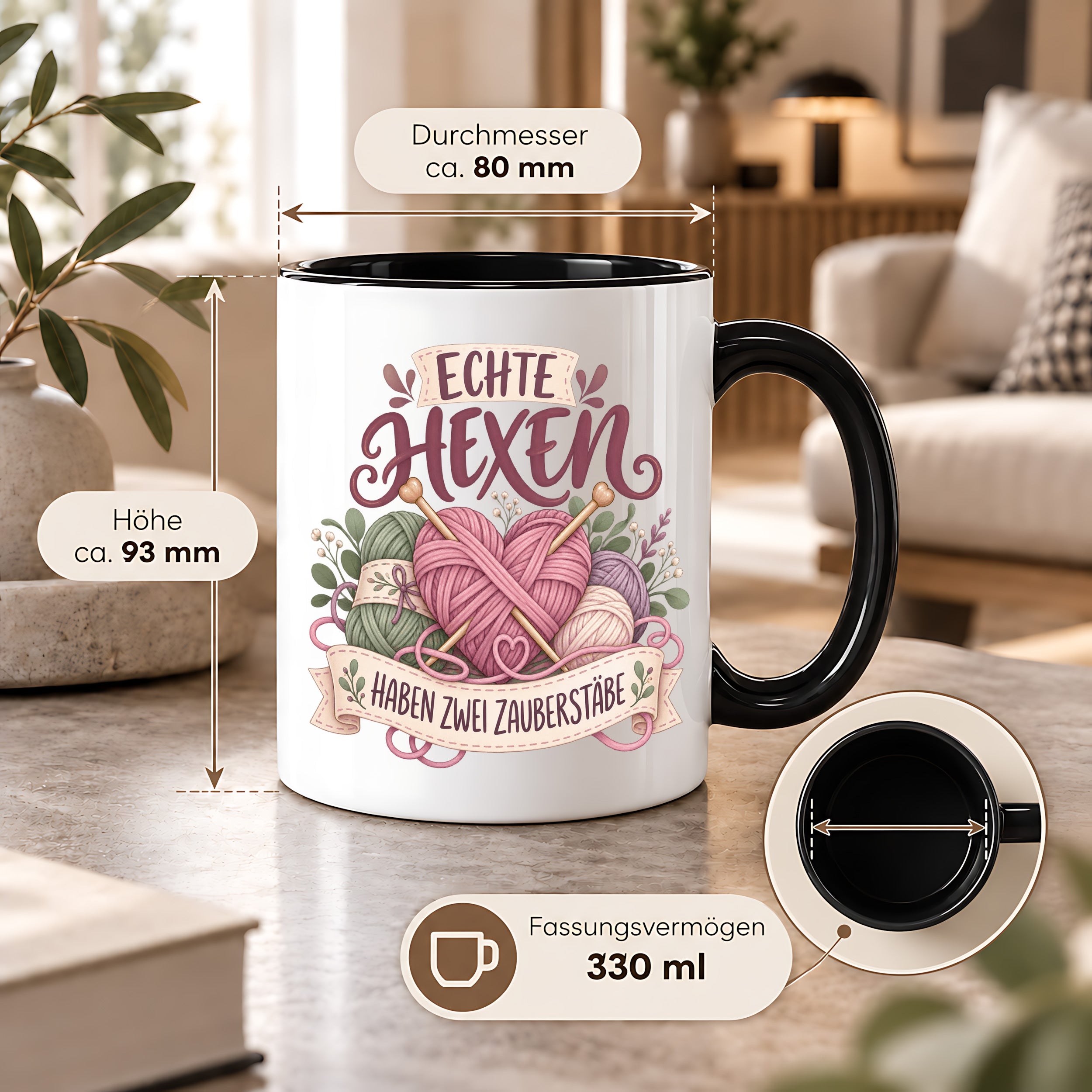 Stricken Tasse Echte Hexen haben zwei Zauberstäbe 330 ml Geschenk für Strickerin Wolle Handarbeit Geburtstag Weihnachten