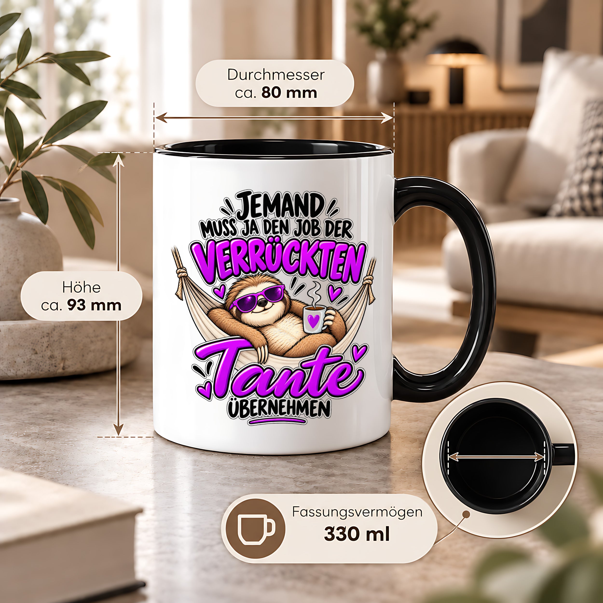 Herzbotschaft Verrückte Tante Tasse – Jemand muss ja den Job der verrückten Tante übernehmen – Lustige Kaffeetasse 330 ml mit Faultier Motiv – Geschenk für Tante, Lieblingstante, Schwester und Schwägerin – Originelle Spruchtasse mit Humor