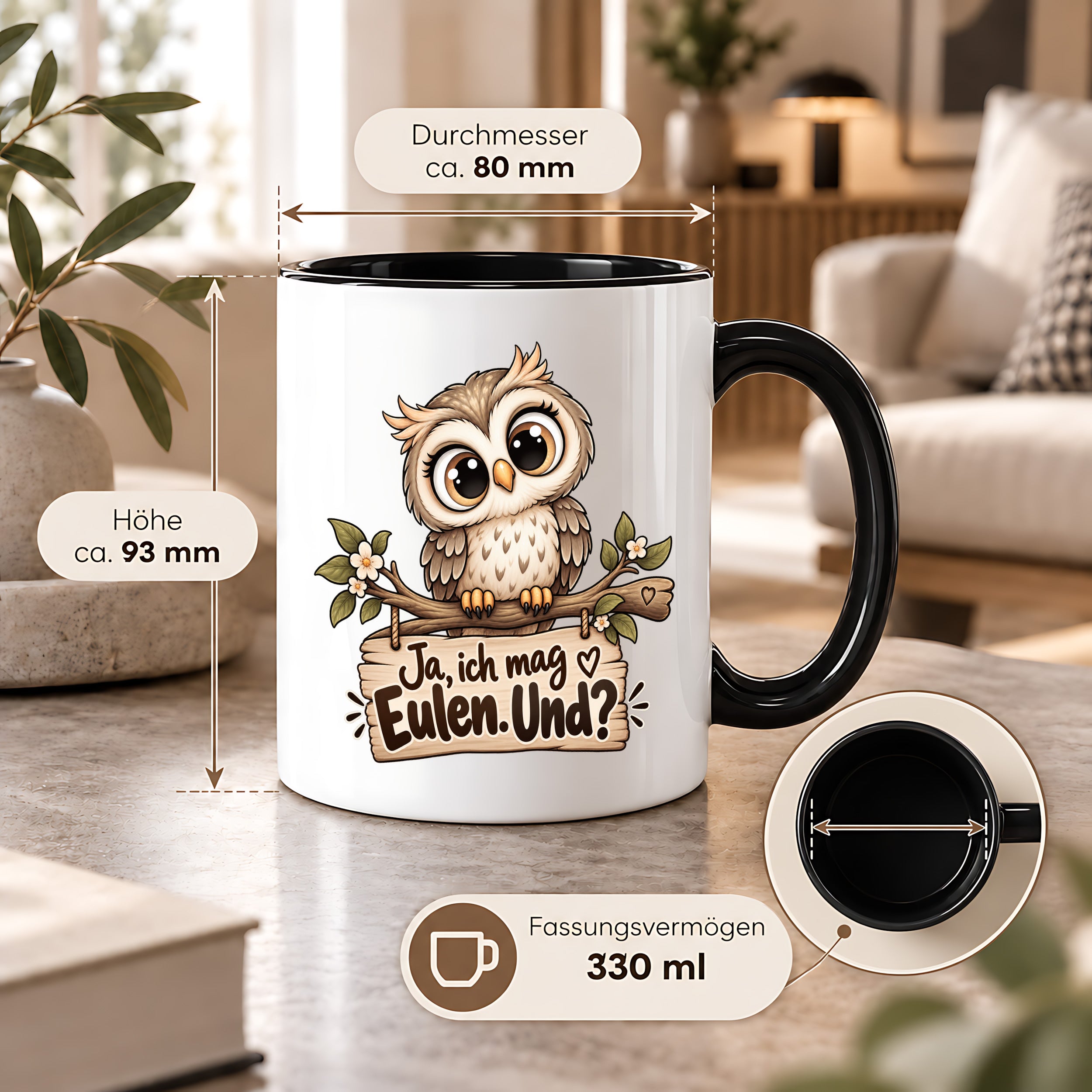 Tasse Eulenfan lustiger Spruch Ja ich mag Eulen Geschenk für Eulenliebhaber Freundin Kollegin Geburtstag Weihnachten 330 ml