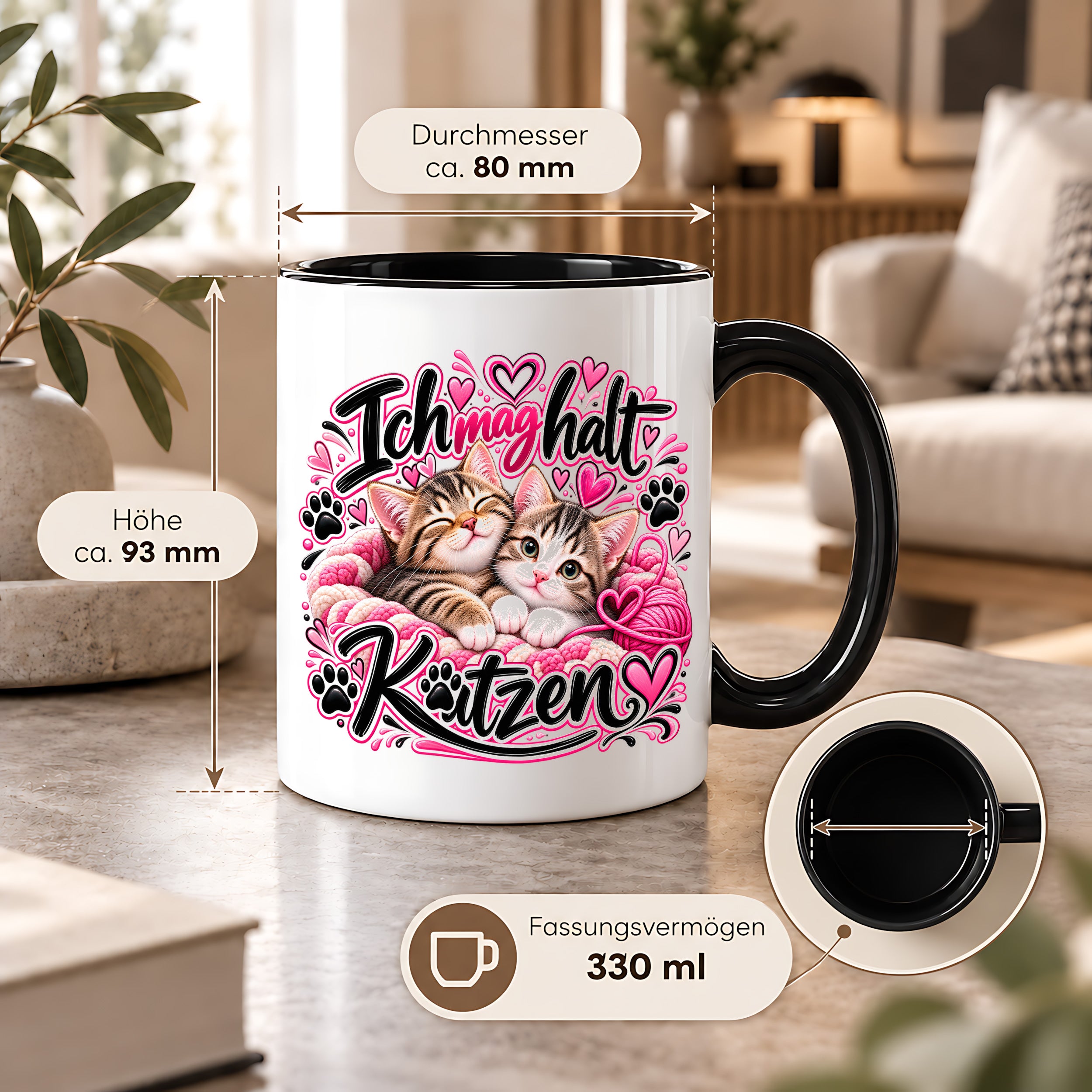 Herzbotschaft Katzen Tasse – Ich mag halt Katzen – Süße Kaffeetasse mit zwei Katzenbabys, Herzen und Pfoten – Geschenk für Katzenliebhaber, Katzenmama, Frauen und Freundin – 330 ml