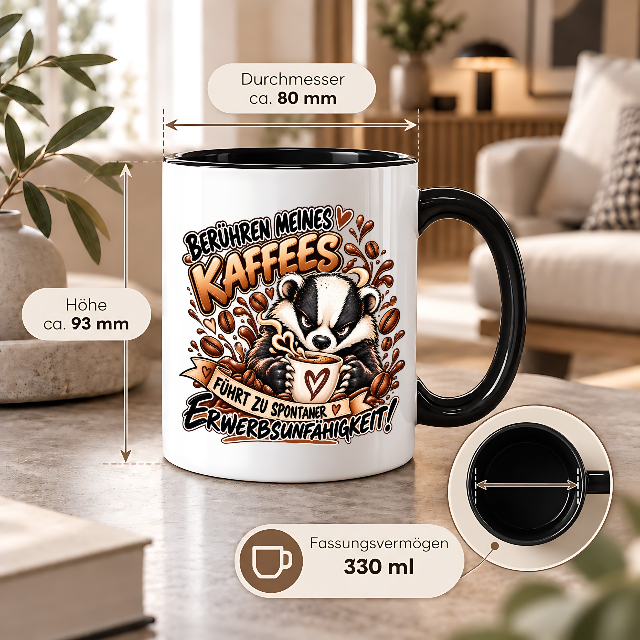 Herzbotschaft Dachs Tasse – Berühren meines Kaffees führt zu spontaner Erwerbsunfähigkeit – Lustige Kaffeetasse mit frechem Dachs Motiv – Geschenk für Kaffeeliebhaber, Kollegen und Büro – 330 ml