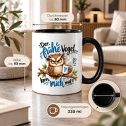 Herzbotschaft Eulen Tasse – Der frühe Vogel kann mich mal – Lustige Kaffeetasse mit mürrischer Eule und Kaffee – Geschenk für Morgenmuffel, Langschläfer, Kaffeeliebhaber, Kollegen und Freunde – 330 ml