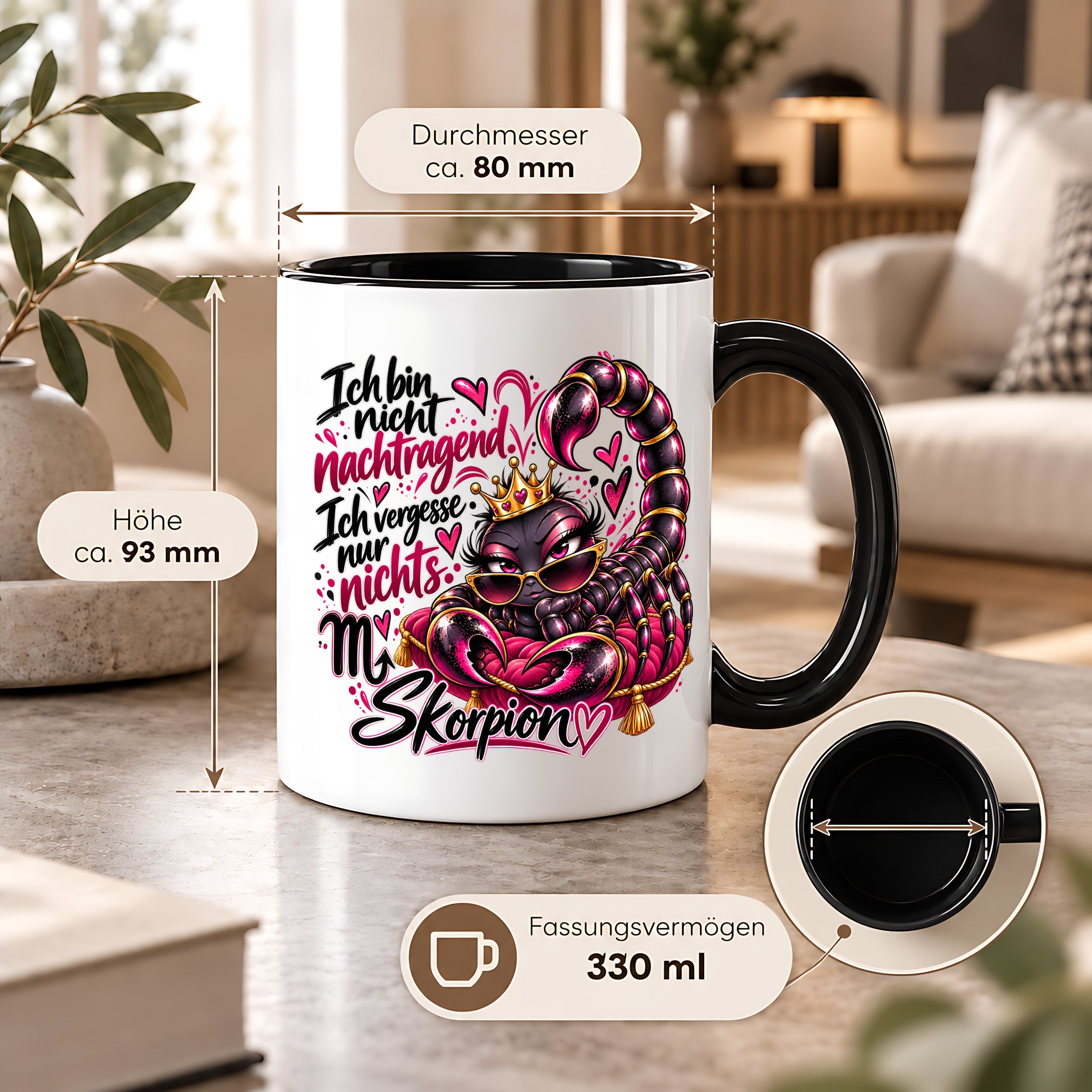 Herzbotschaft Skorpion Tasse – Ich bin nicht nachtragend, ich vergesse nur nichts – Lustige Sternzeichen Tasse mit Skorpion Motiv – Geschenk für Frauen, Freundin und Skorpion Geborene – 330 ml