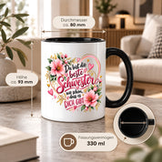 Herzbotschaft Schwester Tasse – Du bist die beste Schwester, wie schön dass es dich gibt – Kaffeetasse 330 ml mit rosa Blumen und Herzen – Geschenk für Schwester zum Geburtstag, Weihnachten, als Dankeschön oder kleine Aufmerksamkeit