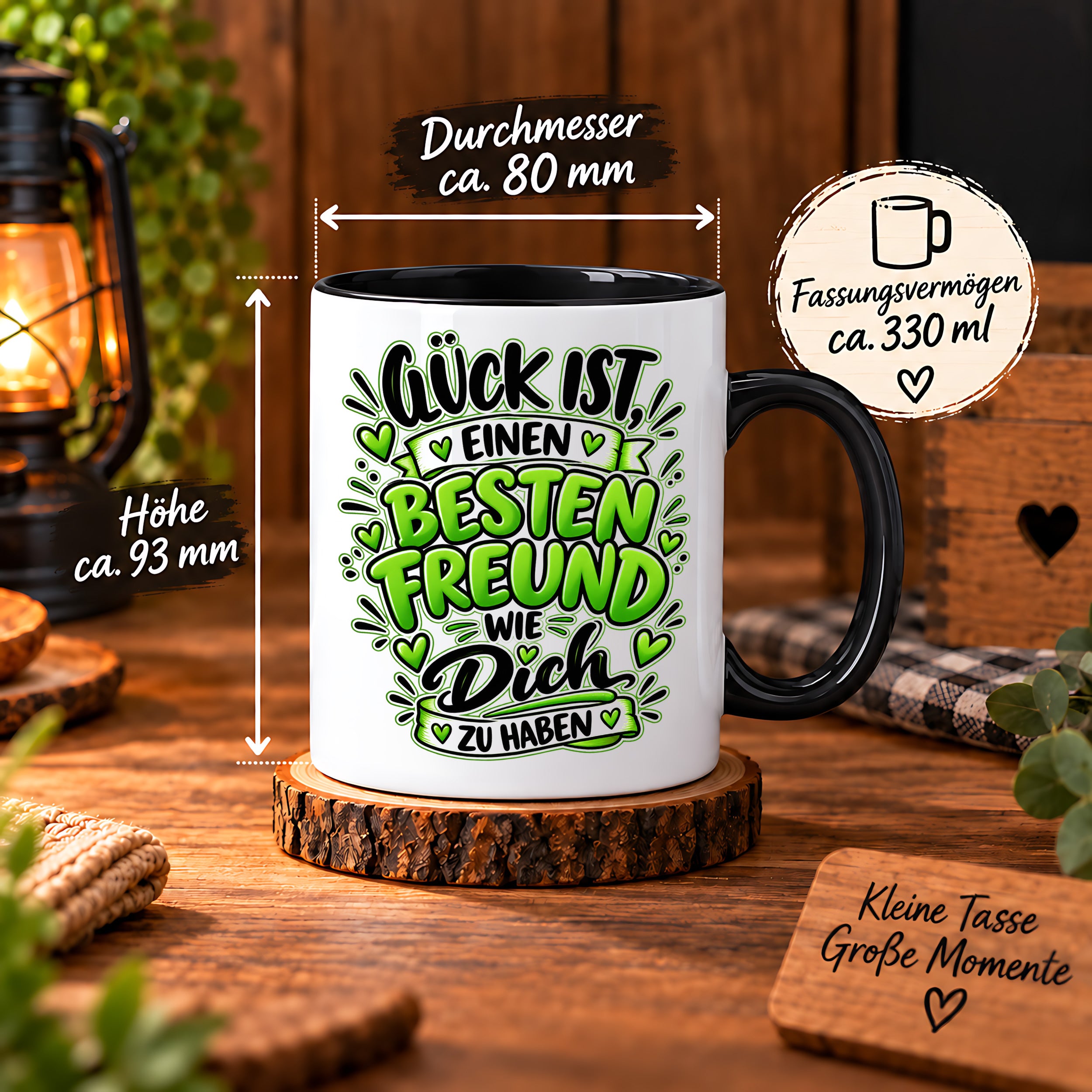 Herzbotschaft Bester Freund Tasse – Glück ist einen besten Freund wie dich zu haben – Kaffeetasse 330 ml mit Freundschaftsspruch und grünem Herz Motiv – Geschenk für besten Freund, Kumpel und Lieblingsmenschen – Freundschaft Geschenkidee