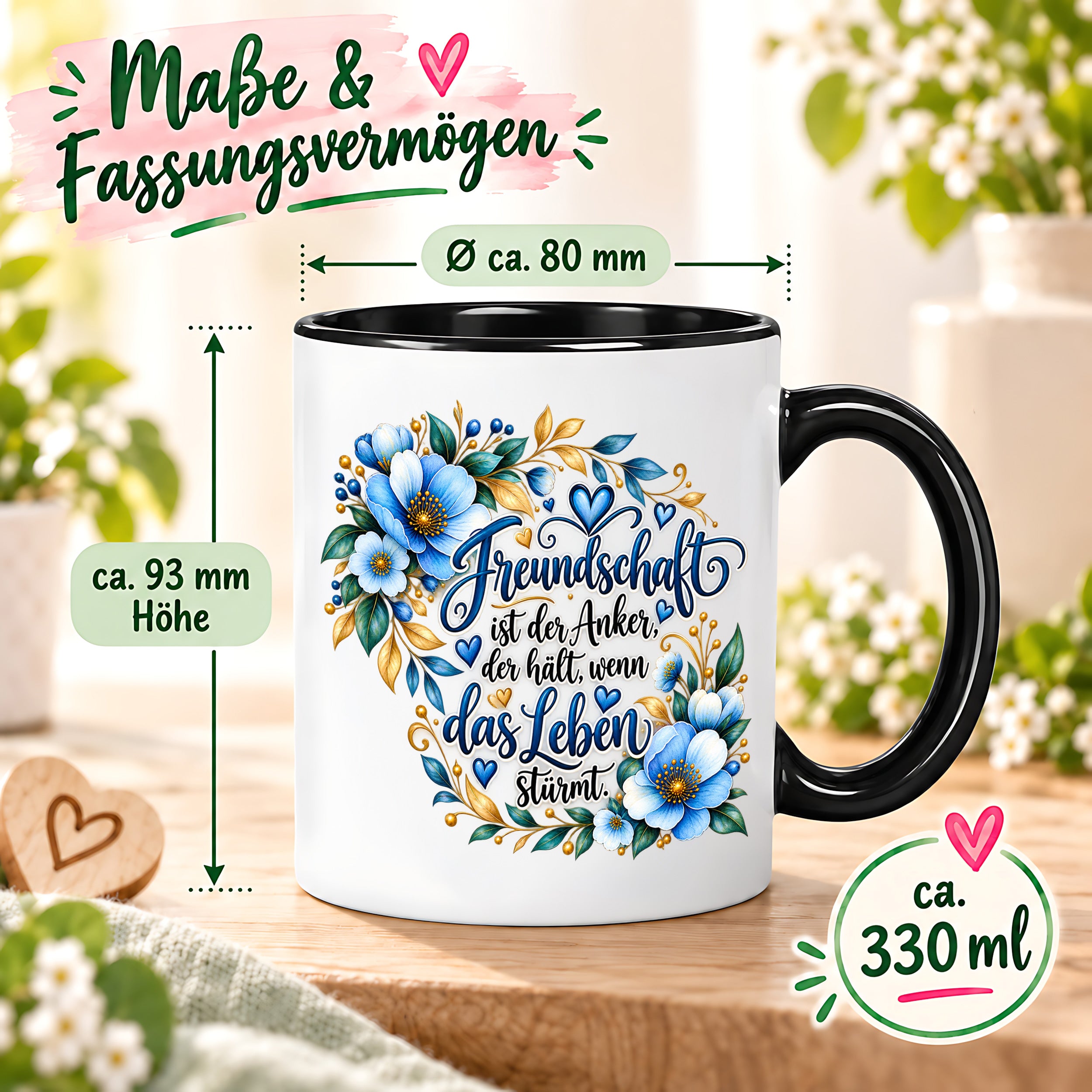 Herzbotschaft Freundschaft Tasse – Freundschaft ist der Anker, der hält, wenn das Leben stürmt – Kaffeetasse mit blauen Blumen und Herzen – Geschenk für beste Freundin, Freund, BFF und Lieblingsmensch – 330 ml