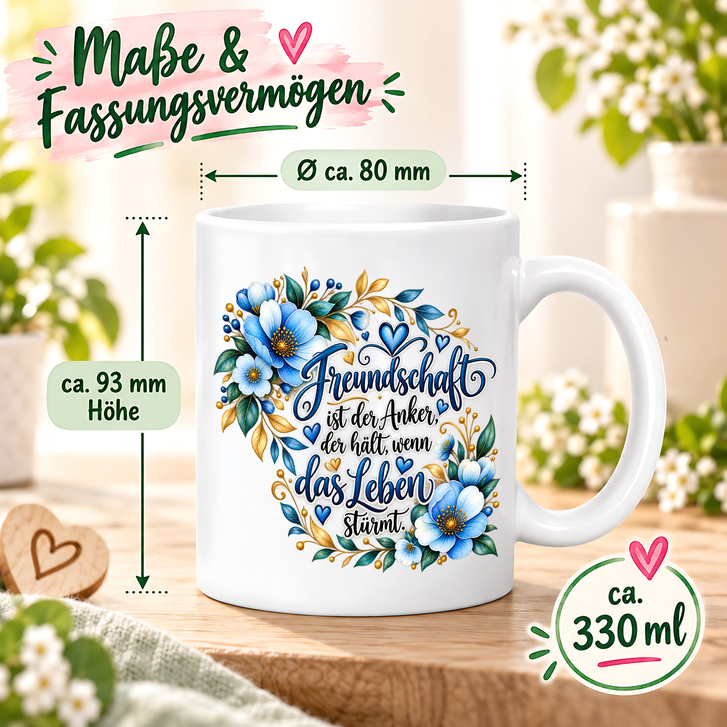 Herzbotschaft Freundschaft Tasse – Freundschaft ist der Anker, der hält, wenn das Leben stürmt – Kaffeetasse mit blauen Blumen und Herzen – Geschenk für beste Freundin, Freund, BFF und Lieblingsmensch – 330 ml