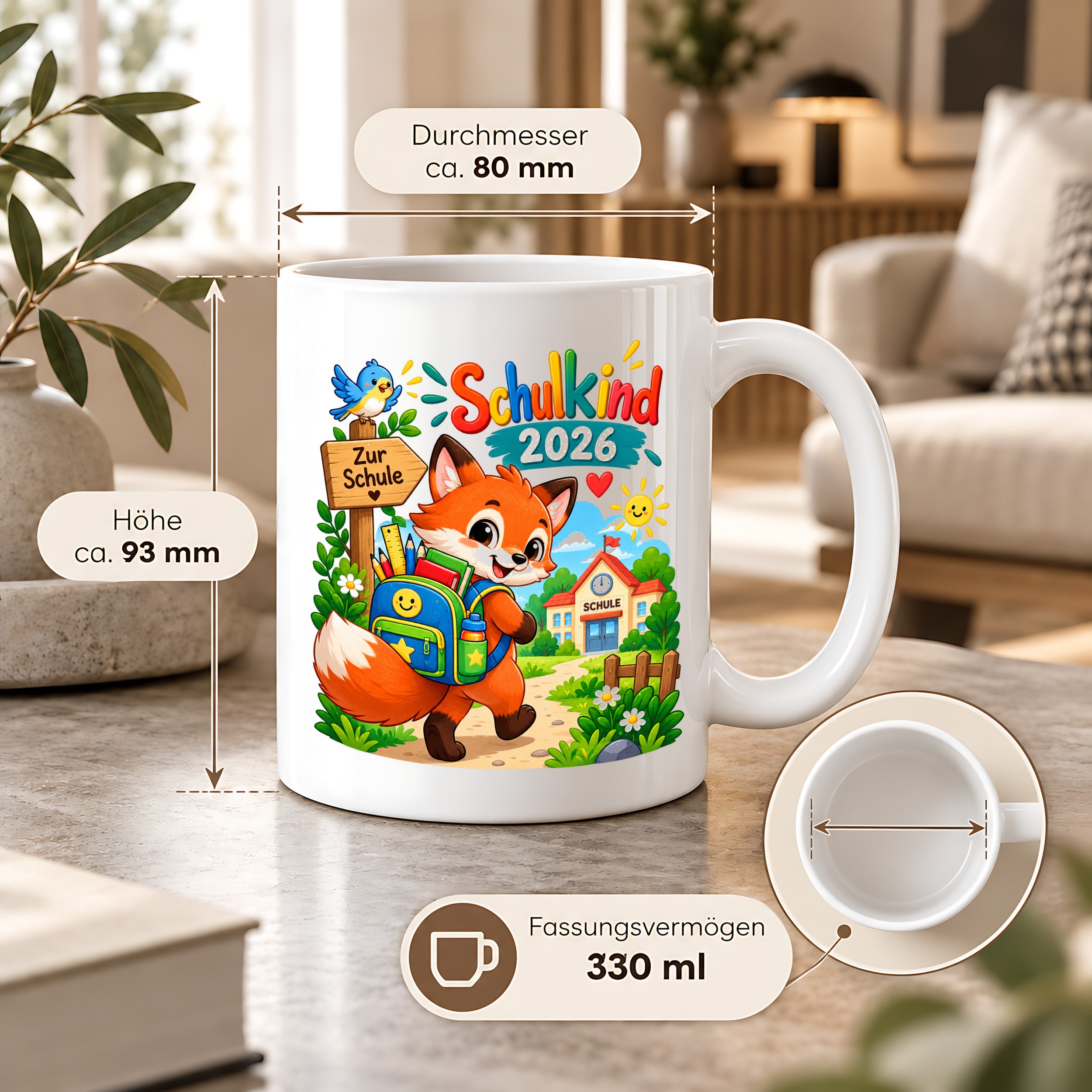 Schulkind 2026 Tasse Fuchs Einschulung Geschenk 330 ml Keramiktasse Schulanfang 1. Schultag Schultüte Mädchen Jungen
