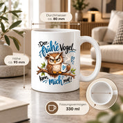 Herzbotschaft Eulen Tasse – Der frühe Vogel kann mich mal – Lustige Kaffeetasse mit mürrischer Eule und Kaffee – Geschenk für Morgenmuffel, Langschläfer, Kaffeeliebhaber, Kollegen und Freunde – 330 ml