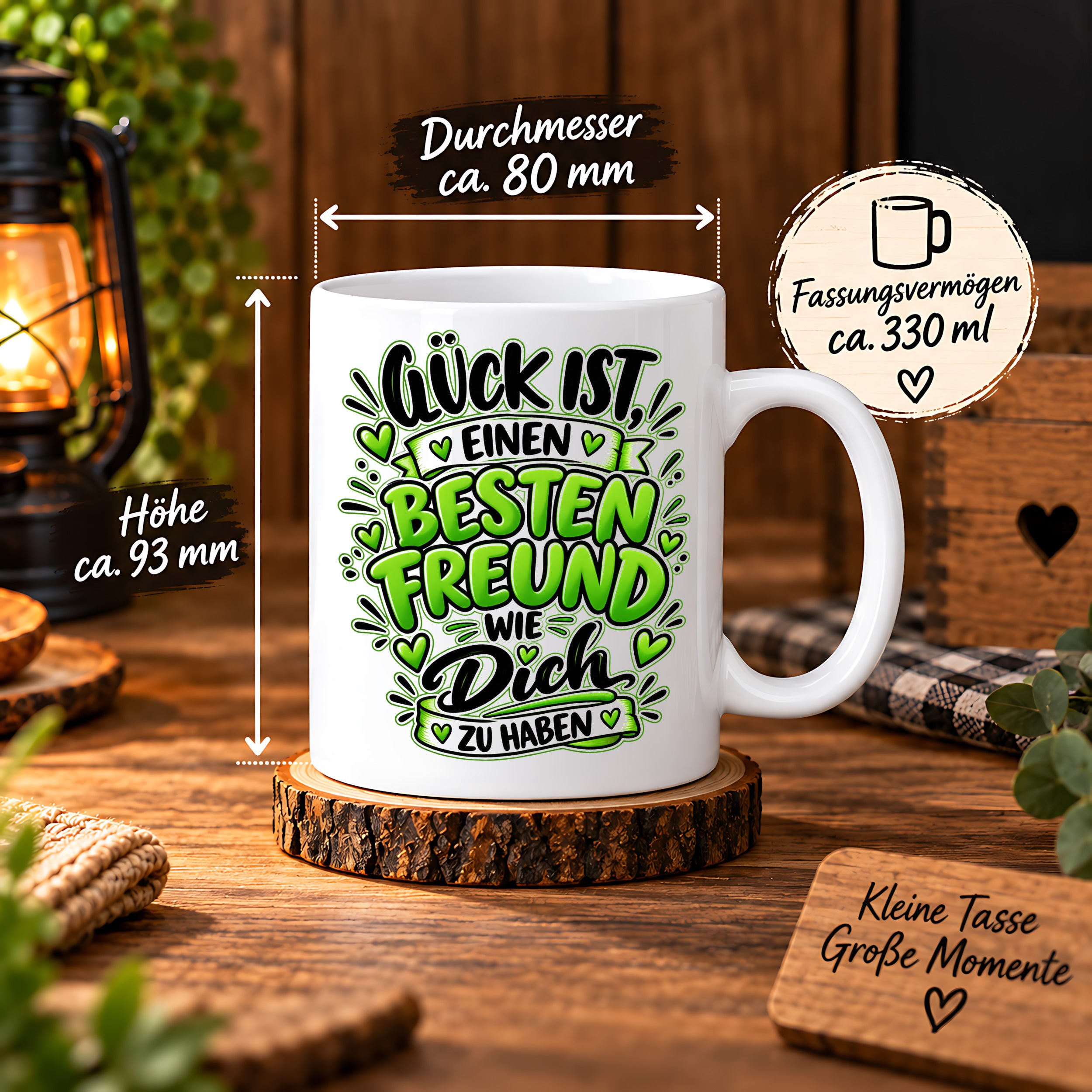 Herzbotschaft Bester Freund Tasse – Glück ist einen besten Freund wie dich zu haben – Kaffeetasse 330 ml mit Freundschaftsspruch und grünem Herz Motiv – Geschenk für besten Freund, Kumpel und Lieblingsmenschen – Freundschaft Geschenkidee