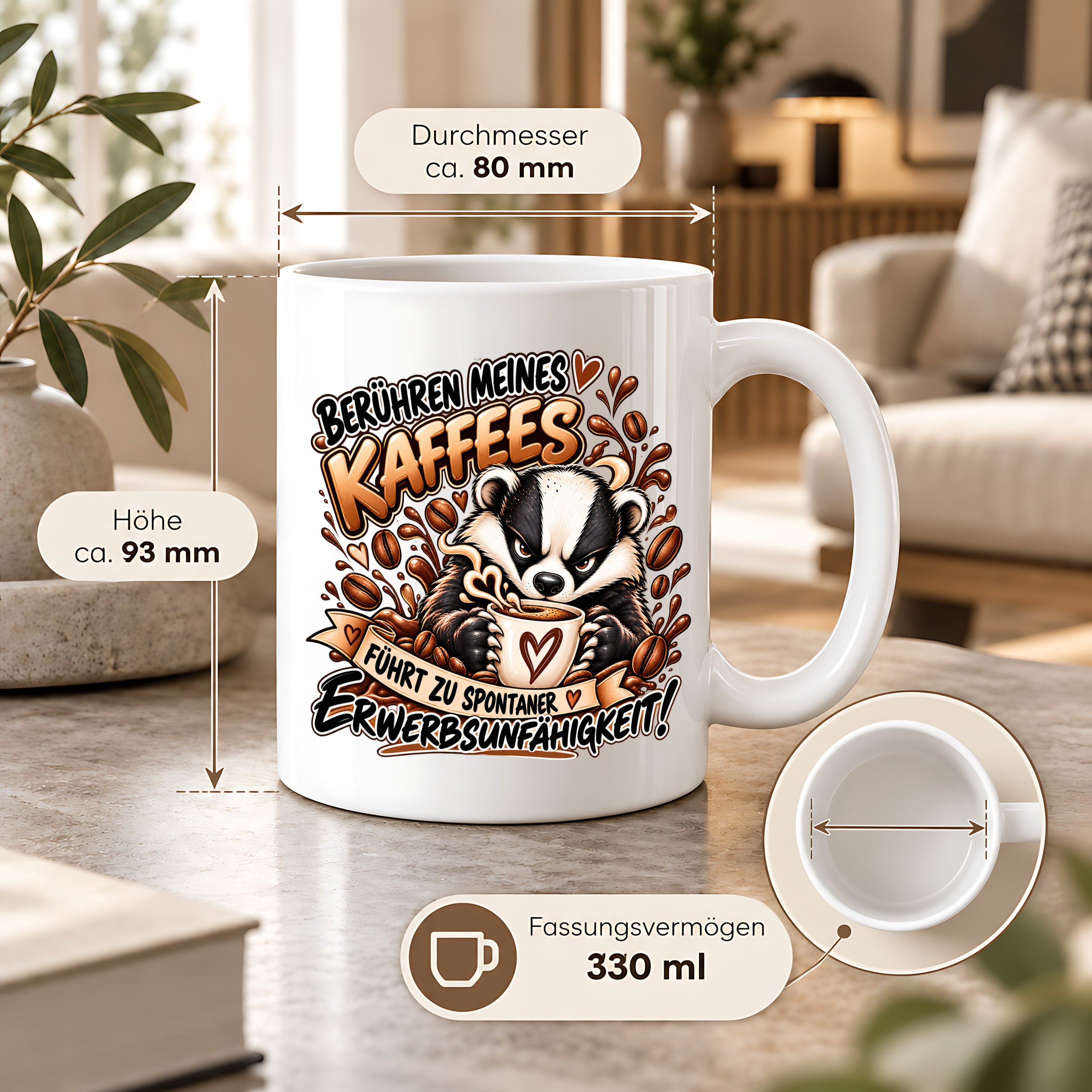 Herzbotschaft Dachs Tasse – Berühren meines Kaffees führt zu spontaner Erwerbsunfähigkeit – Lustige Kaffeetasse mit frechem Dachs Motiv – Geschenk für Kaffeeliebhaber, Kollegen und Büro – 330 ml