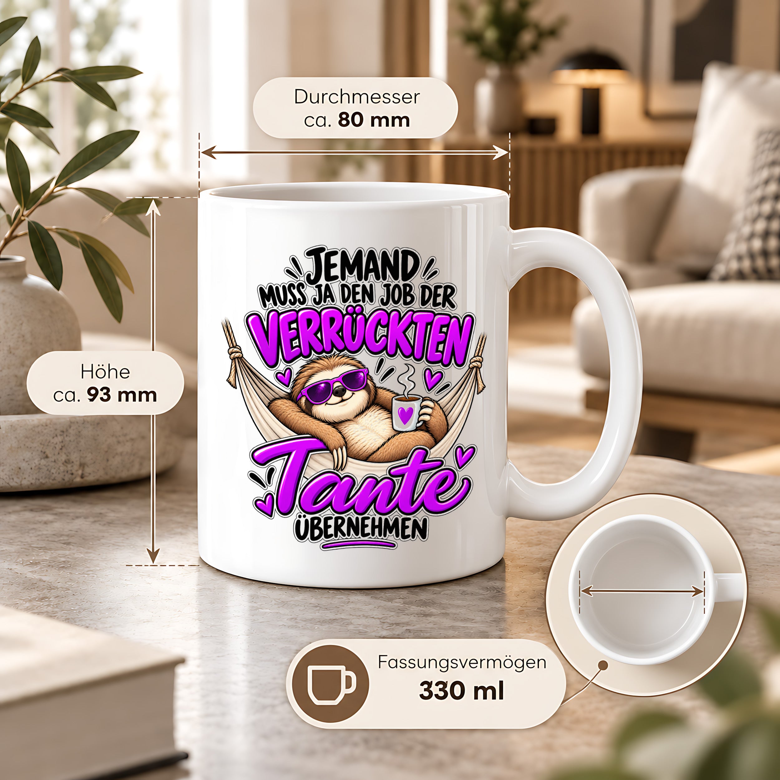 Herzbotschaft Verrückte Tante Tasse – Jemand muss ja den Job der verrückten Tante übernehmen – Lustige Kaffeetasse 330 ml mit Faultier Motiv – Geschenk für Tante, Lieblingstante, Schwester und Schwägerin – Originelle Spruchtasse mit Humor