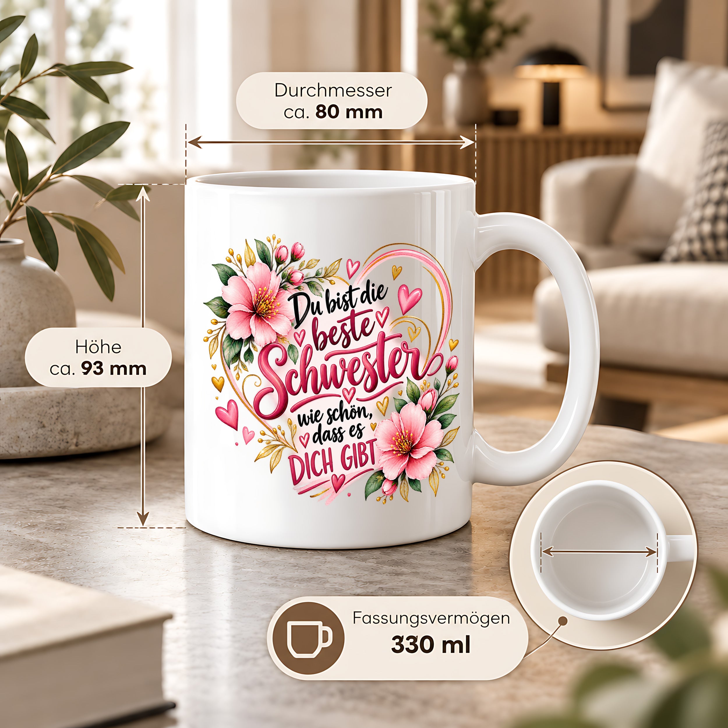 Herzbotschaft Schwester Tasse – Du bist die beste Schwester, wie schön dass es dich gibt – Kaffeetasse 330 ml mit rosa Blumen und Herzen – Geschenk für Schwester zum Geburtstag, Weihnachten, als Dankeschön oder kleine Aufmerksamkeit