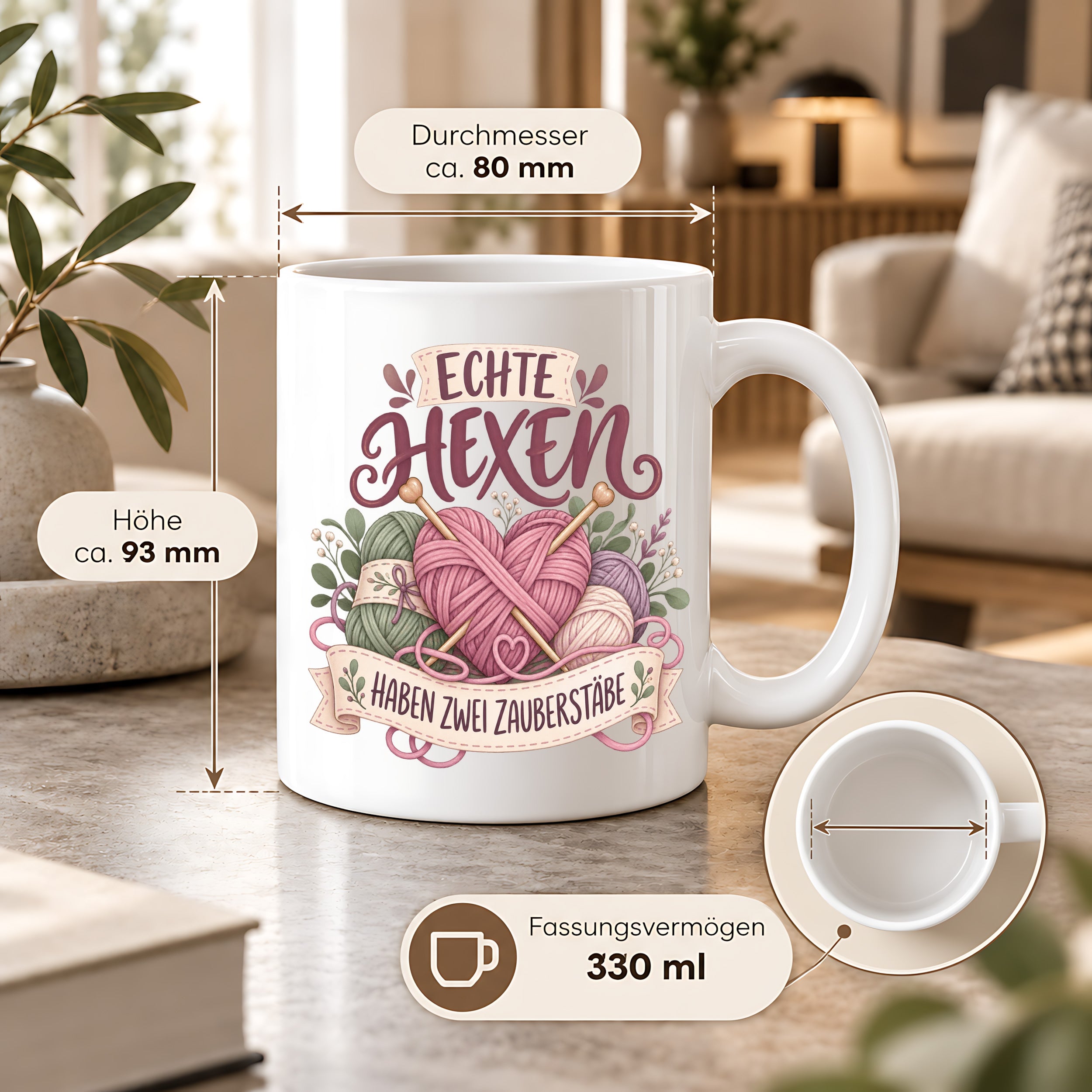 Stricken Tasse Echte Hexen haben zwei Zauberstäbe 330 ml Geschenk für Strickerin Wolle Handarbeit Geburtstag Weihnachten