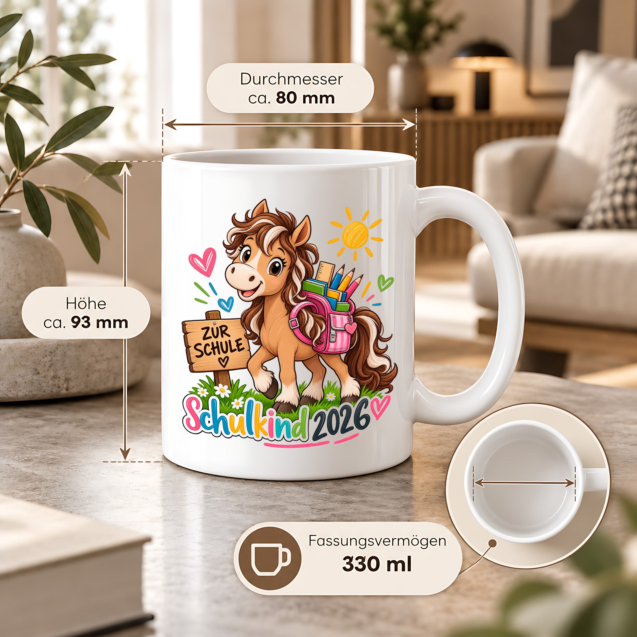 Schulkind 2026 Tasse Pferd Einschulung Geschenk 330 ml Keramiktasse für Mädchen Jungen Schulanfang 1. Schultag