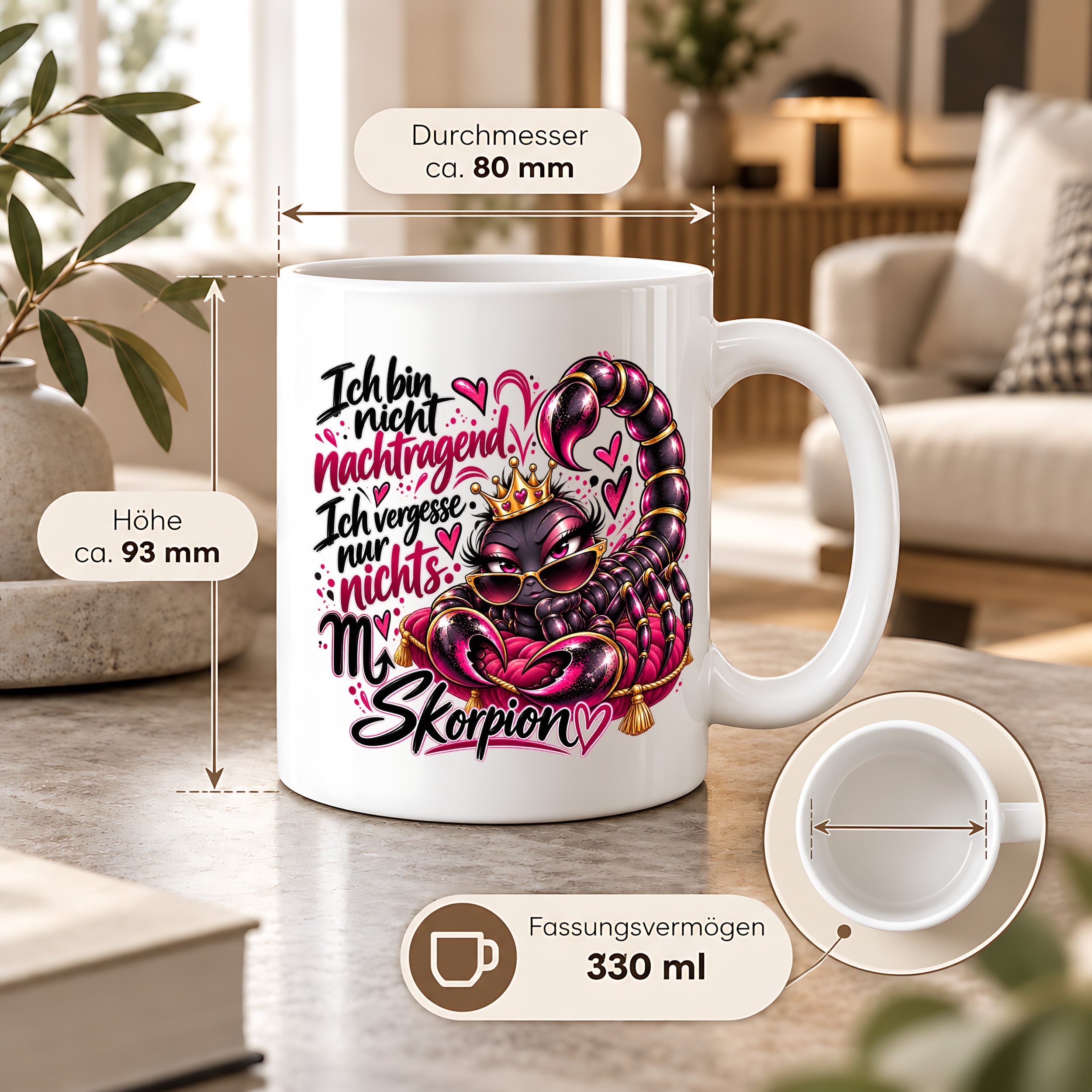 Herzbotschaft Skorpion Tasse – Ich bin nicht nachtragend, ich vergesse nur nichts – Lustige Sternzeichen Tasse mit Skorpion Motiv – Geschenk für Frauen, Freundin und Skorpion Geborene – 330 ml