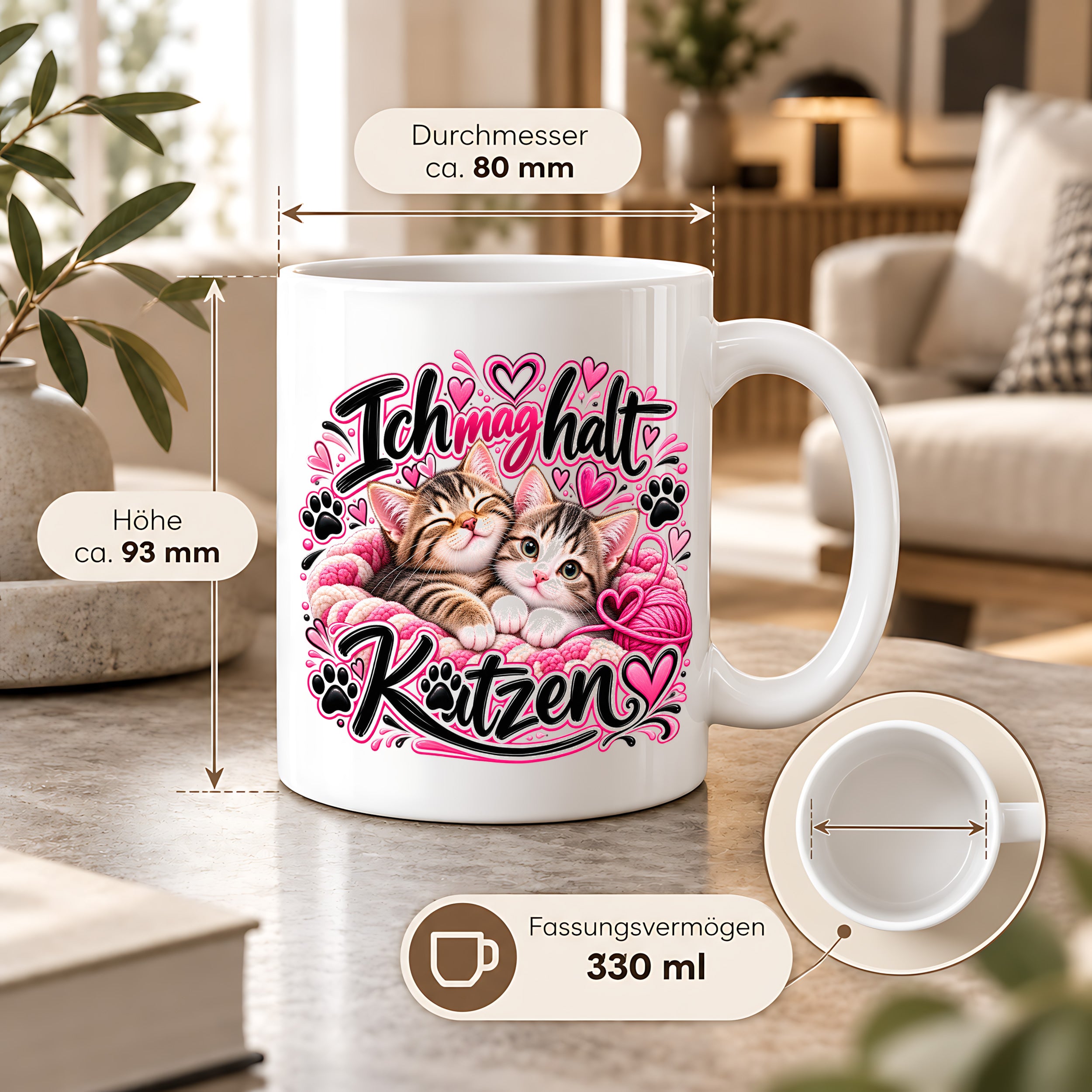Herzbotschaft Katzen Tasse – Ich mag halt Katzen – Süße Kaffeetasse mit zwei Katzenbabys, Herzen und Pfoten – Geschenk für Katzenliebhaber, Katzenmama, Frauen und Freundin – 330 ml