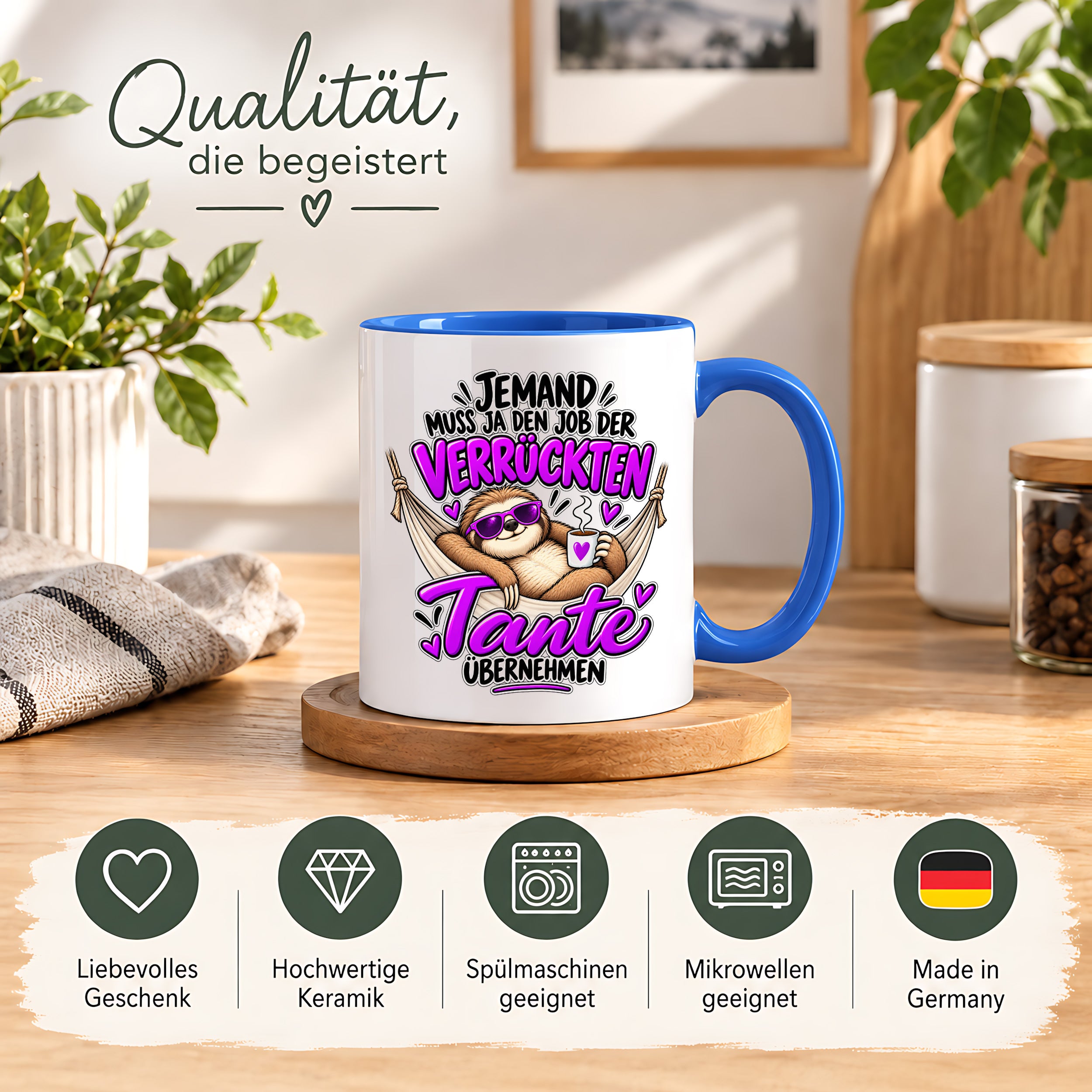 Herzbotschaft Verrückte Tante Tasse – Jemand muss ja den Job der verrückten Tante übernehmen – Lustige Kaffeetasse 330 ml mit Faultier Motiv – Geschenk für Tante, Lieblingstante, Schwester und Schwägerin – Originelle Spruchtasse mit Humor