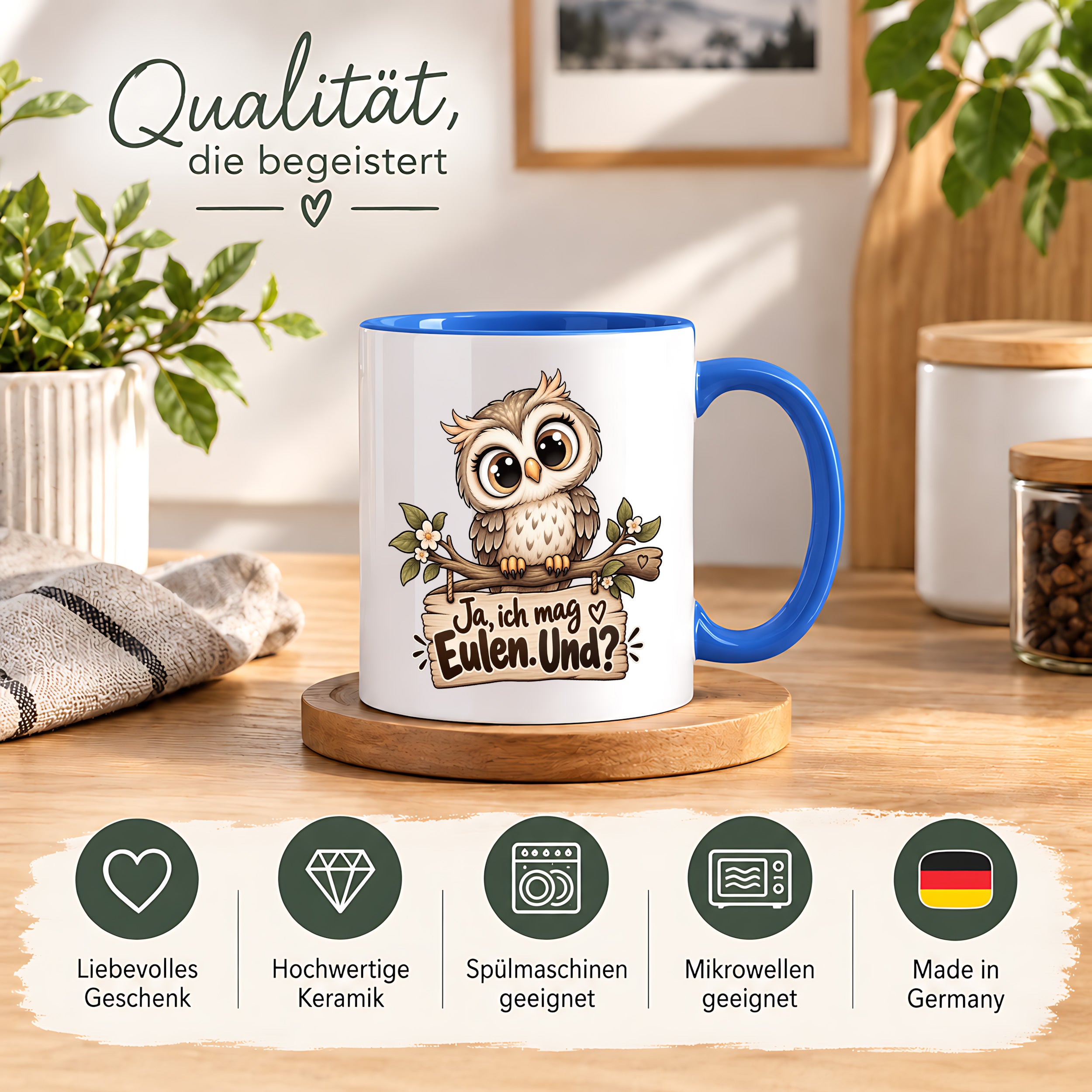 Tasse Eulenfan lustiger Spruch Ja ich mag Eulen Geschenk für Eulenliebhaber Freundin Kollegin Geburtstag Weihnachten 330 ml