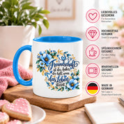 Herzbotschaft Freundschaft Tasse – Freundschaft ist der Anker, der hält, wenn das Leben stürmt – Kaffeetasse mit blauen Blumen und Herzen – Geschenk für beste Freundin, Freund, BFF und Lieblingsmensch – 330 ml